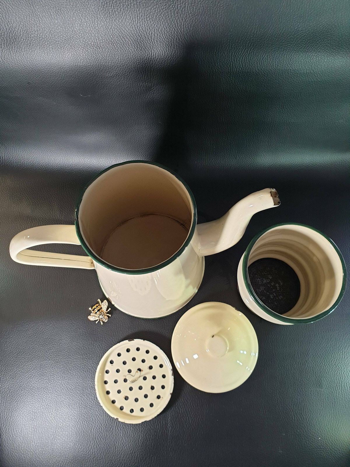 French Vintage Enamel Cafetiere, Enamel Cream Coffee Pot, Antique Enamelware, Enamelware Coffee Pot, Vintage French Enamelware photo vinterior