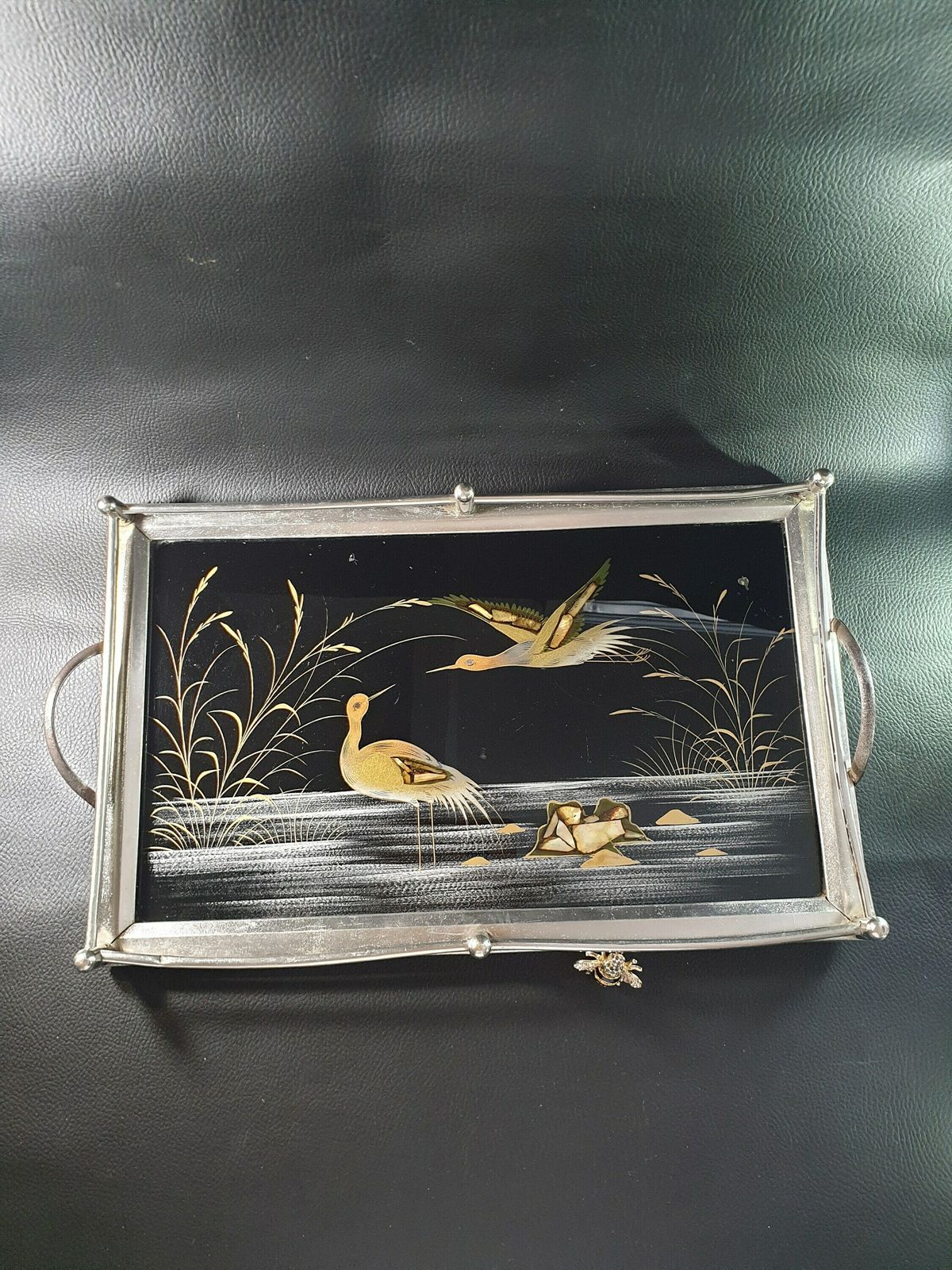 photo for sale Vintage Serving Tray, Inspired Dressing Table Candle Display, Drinks Tray, Distressed Silver Tray, Japanese Mother Of Pearl Inlay