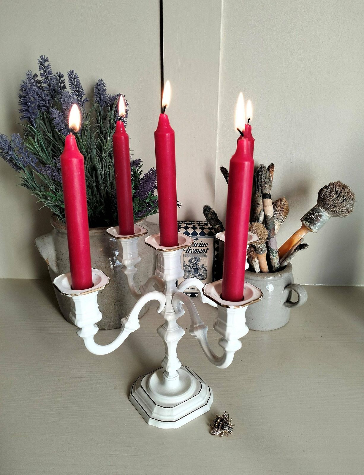 French Vintage Candelabra, Vintage French White Candlestick, White And Gold Candelabra