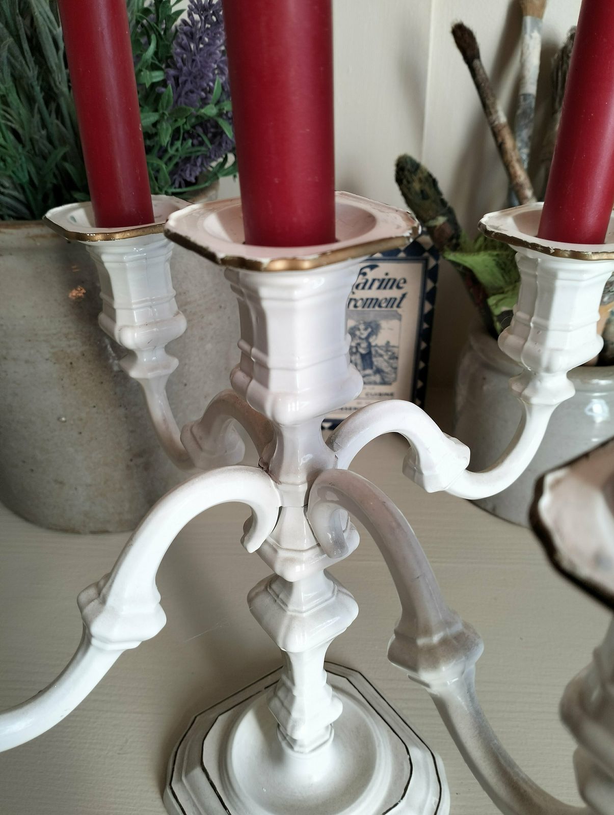 French Vintage Candelabra, Vintage French White Candlestick, White And Gold Candelabra photo for sale