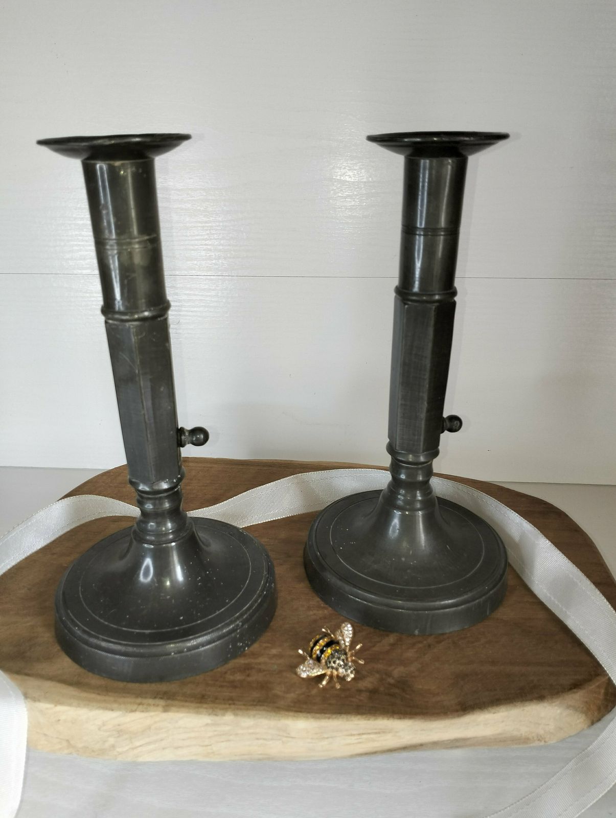 Vintage French Pewter Candlesticks, Candlestick Holders, Pair Of Heavy Solid Pewter Vintage French Candlesticks photo furniture
