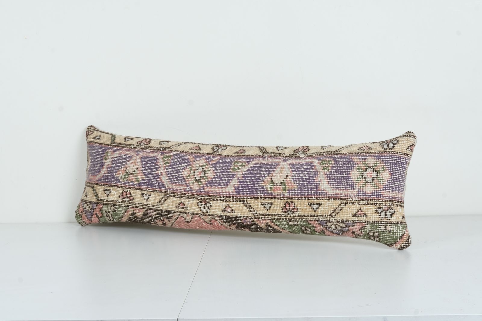 Muted Color Turkish Carpet Pillow, Faded Unique Long Soft Color Lumbar Cover, Anatolian Bedding  10'' X 33 photo for sale