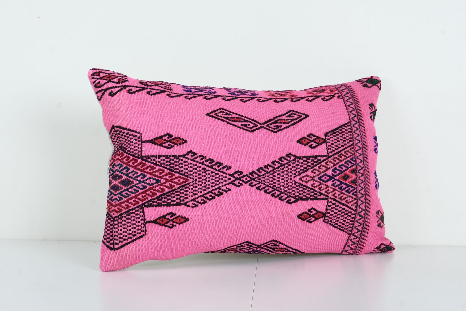 Tribal Farmhouse Pink Kilim  Lumbar Pillow Cover   Unique Handwoven  Cover For Rustic Home 16'' X 24'' photo furniture