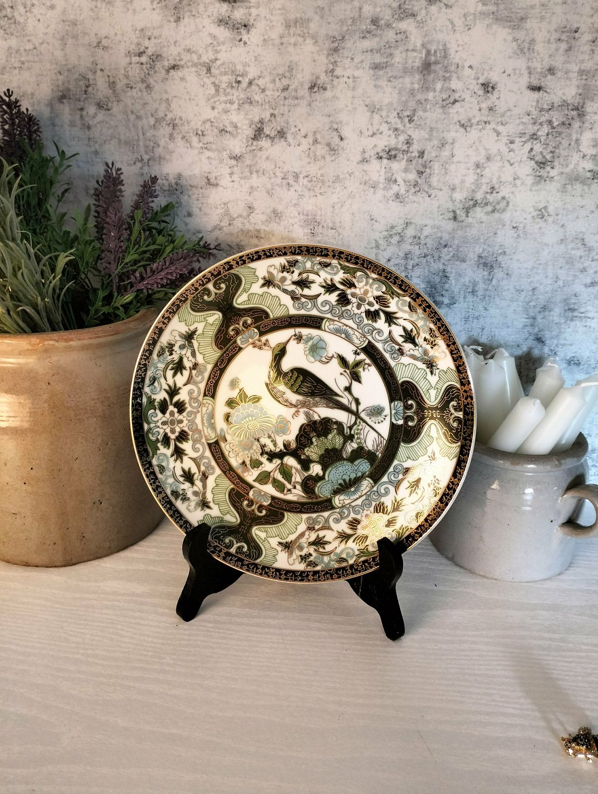 Vintage French Ceramic Wall Plate, Bird Wall Plate, Green White Chinoiserie Plate, French Ceramic