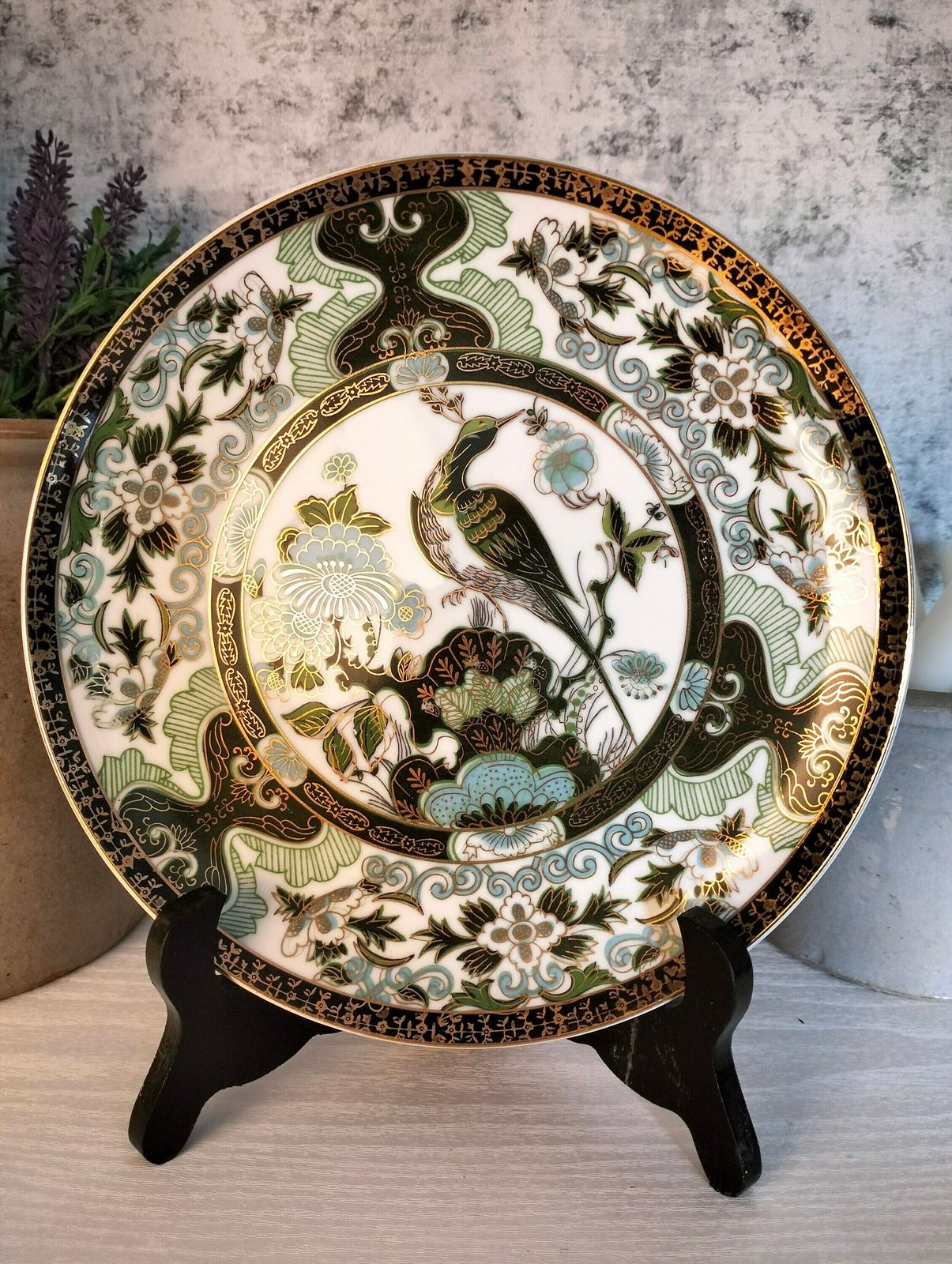 Vintage French Ceramic Wall Plate, Bird Wall Plate, Green White Chinoiserie Plate, French Ceramic photo furniture