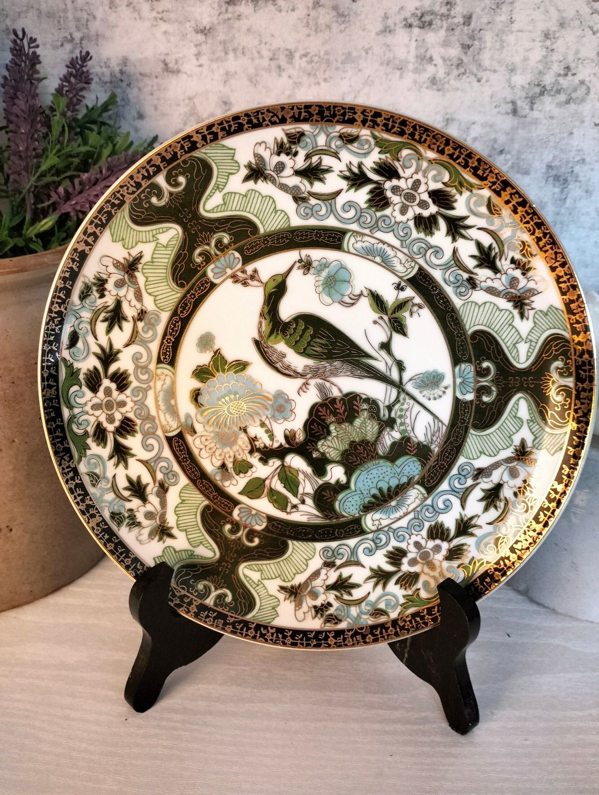 Vintage French Ceramic Wall Plate, Bird Wall Plate, Green White Chinoiserie Plate, French Ceramic photo for sale