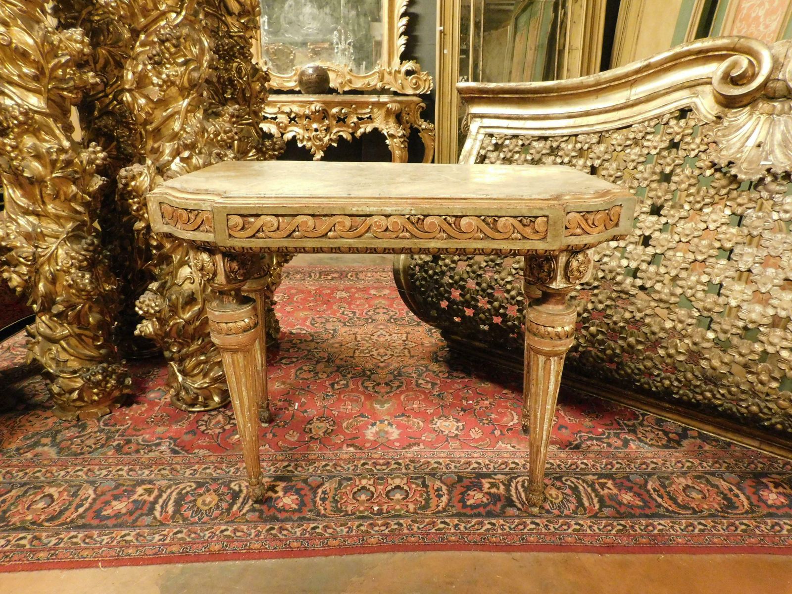 Console Table In Lacquered And Gilded Wood With Floral Motifs, Alabaster Top photo for sale