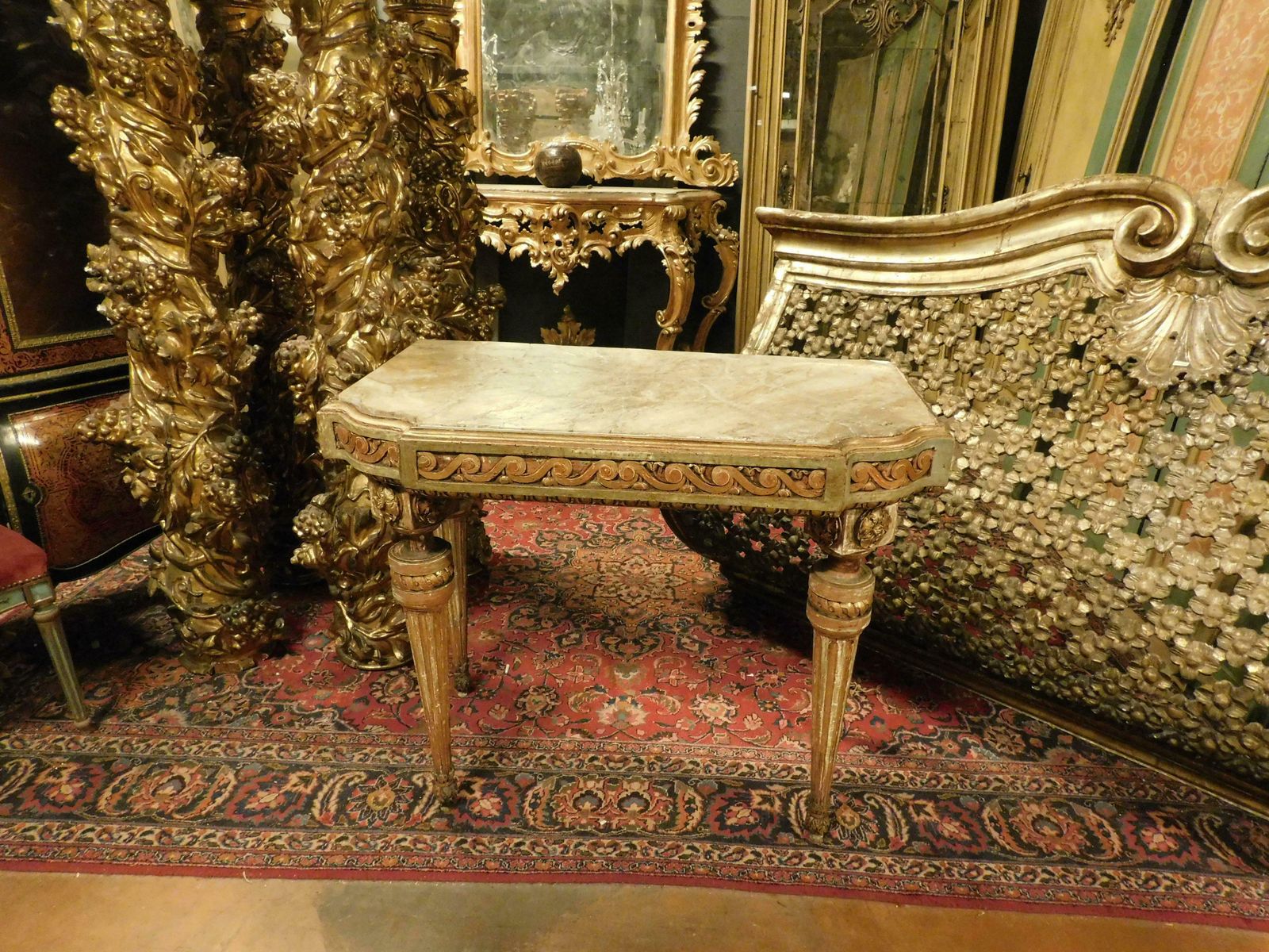 Console Table In Lacquered And Gilded Wood With Floral Motifs, Alabaster Top photo vinterior