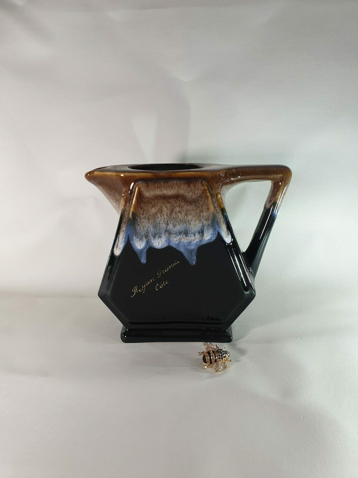 Vintage French Water Jug Wine Pitcher In Black Ceramic Drip Glaze Mid Century Vallauris Pottery photo furniture