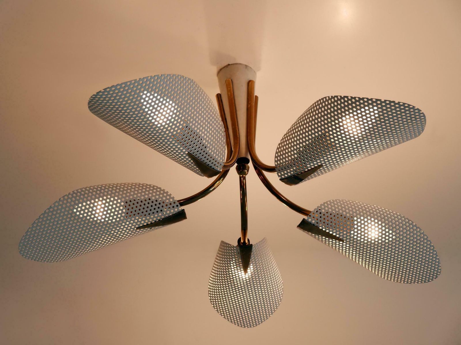 Lovely Mid Century Modern Perforated Metal & Brass Ceiling Lamps Germany 1950s photo Lighting
