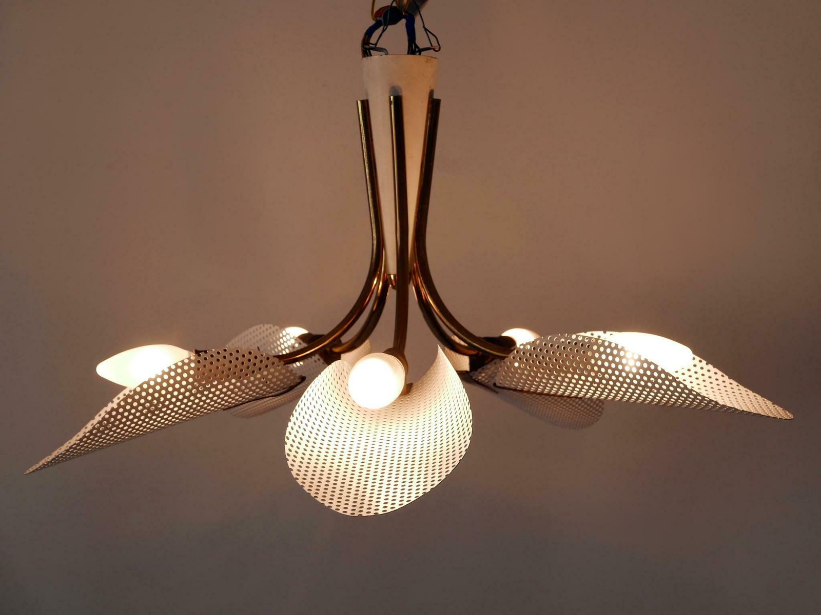 Lovely Mid Century Modern Perforated Metal & Brass Ceiling Lamps Germany 1950s photo vinterior