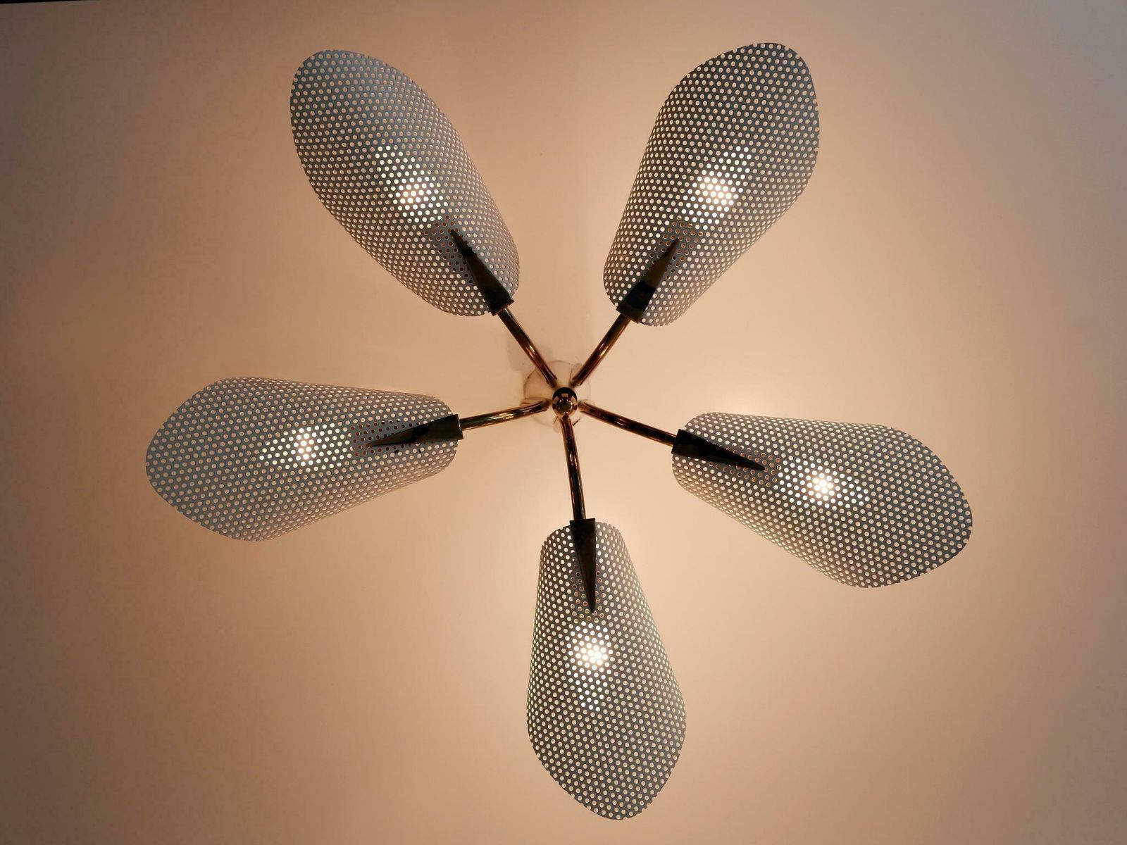 photo vinterior Lovely Mid Century Modern Perforated Metal & Brass Ceiling Lamps Germany 1950s