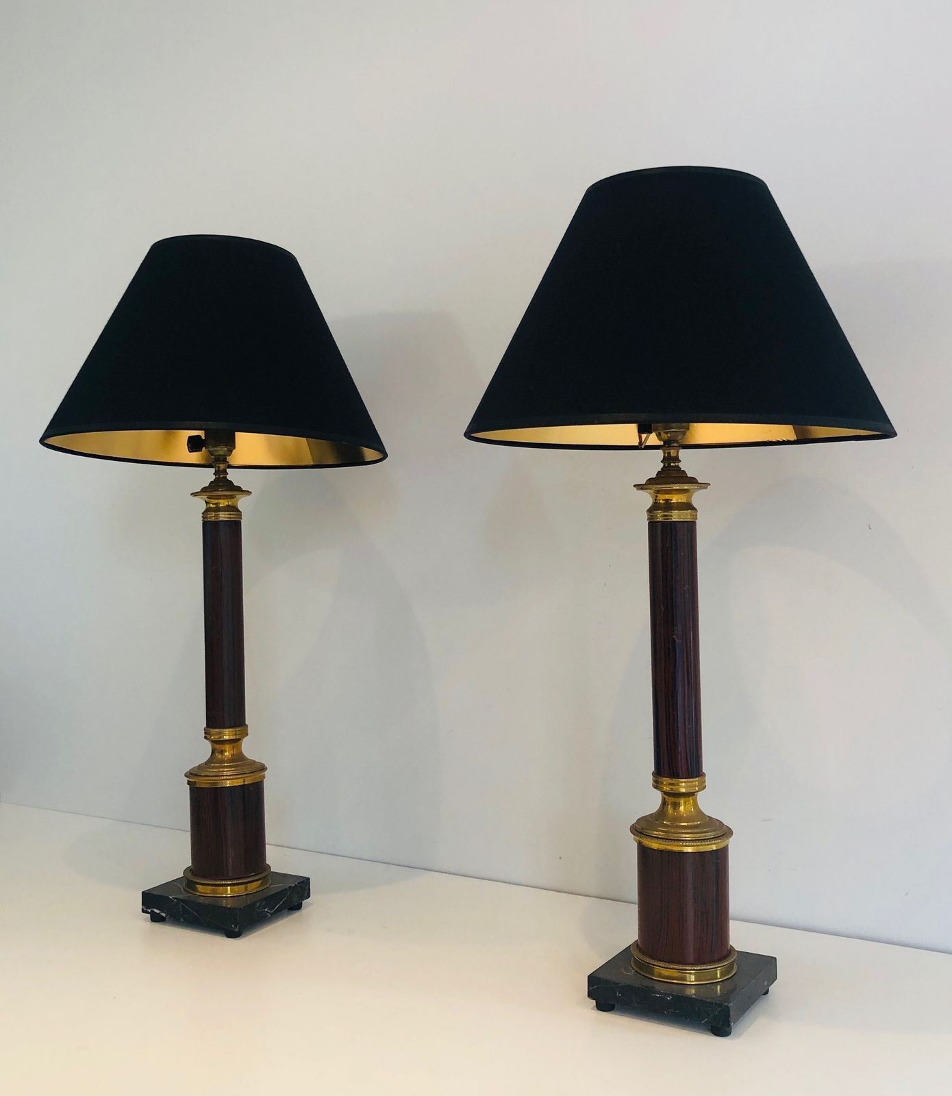 Pair Of Neoclassical Style Faux Wood Lamps In Metal And Brass photo Lighting