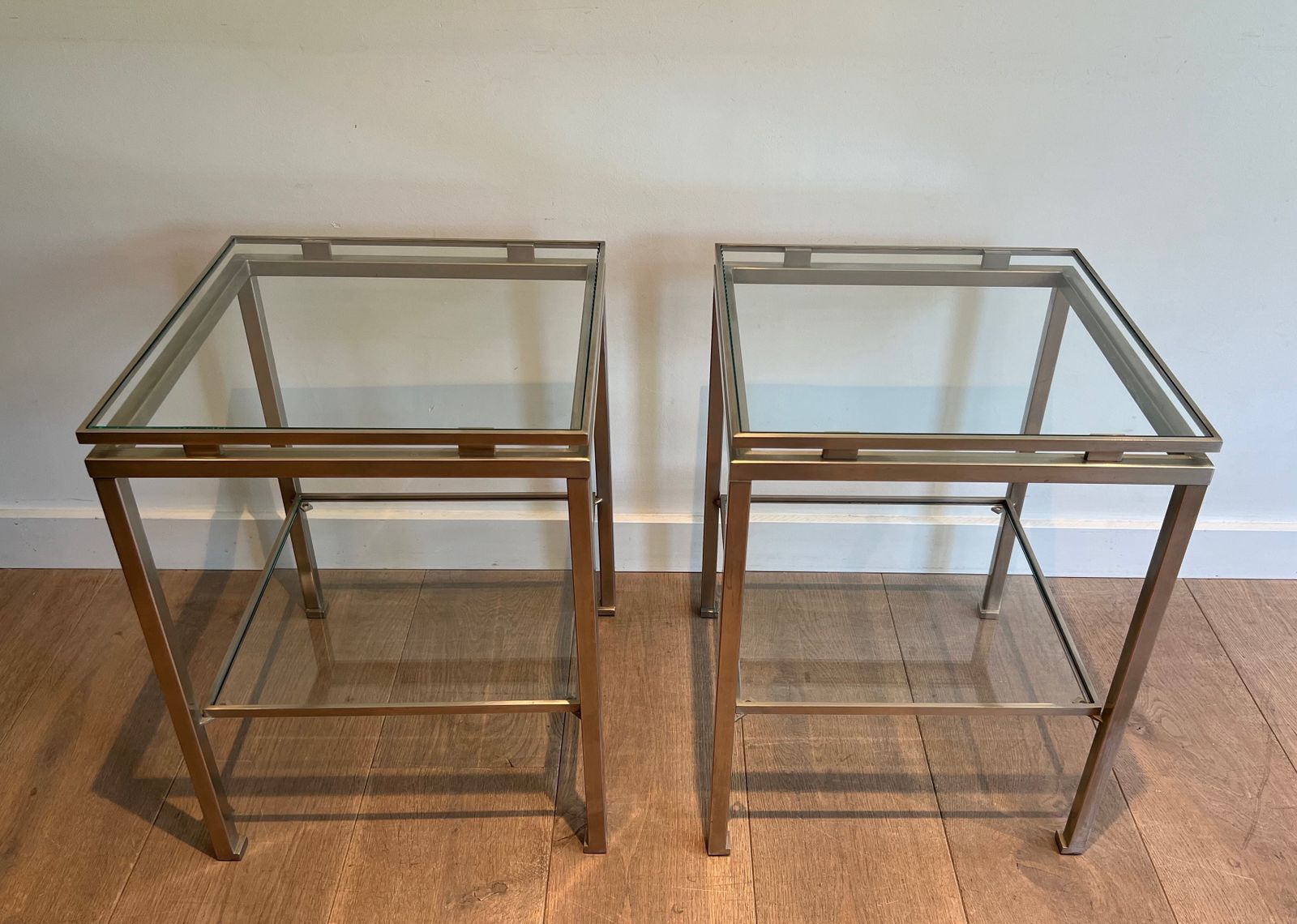 Pair Of Brushed Steel Sofa Ends By Guy Lefèvre For Maison Jansen photo for sale