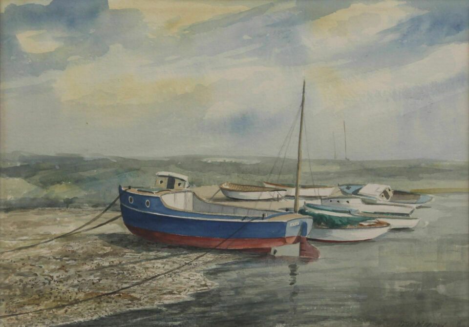 Watercolour By Peter Merrin. Boats Moored On A Riverbank photo furniture