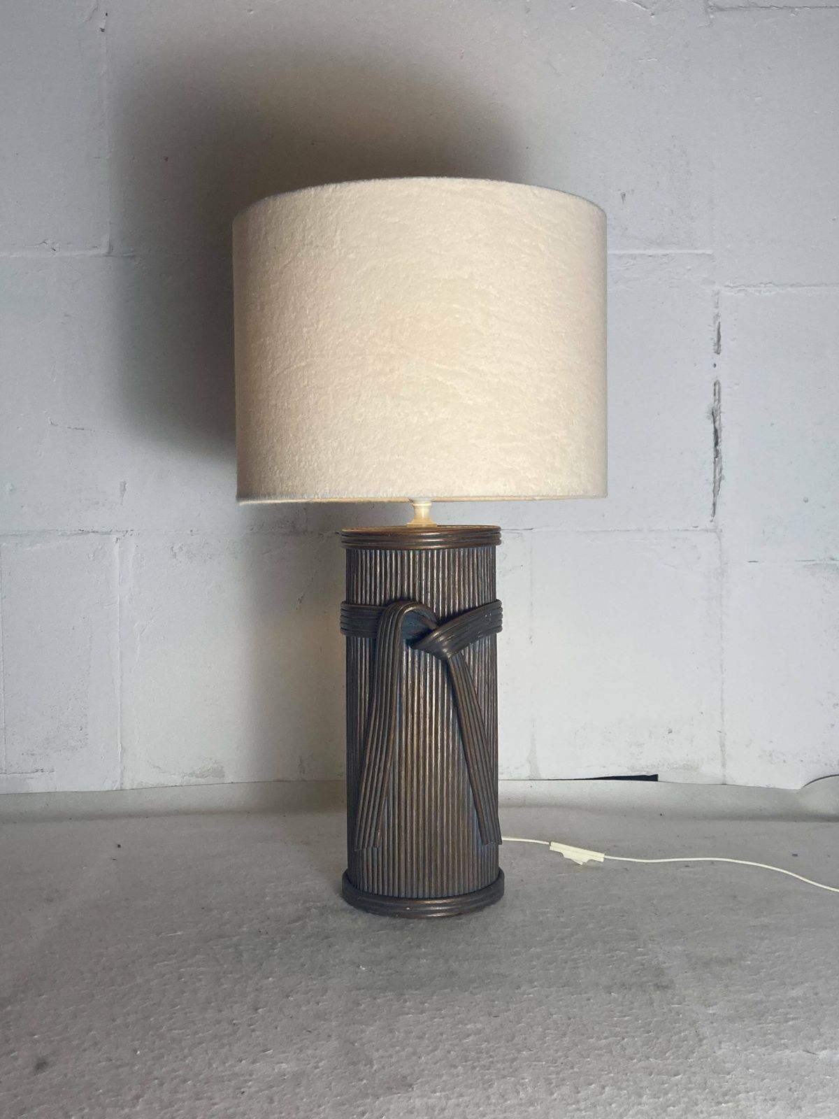 Large Pencil Reed Rattan Bamboo Pillar Table Lamp, Bouclé Shade, Italy 1970s photo vinterior