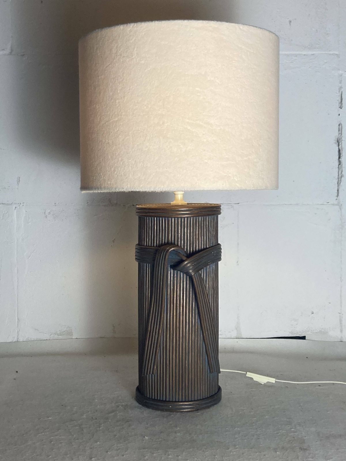 Large Pencil Reed Rattan Bamboo Pillar Table Lamp, Bouclé Shade, Italy 1970s photo buy