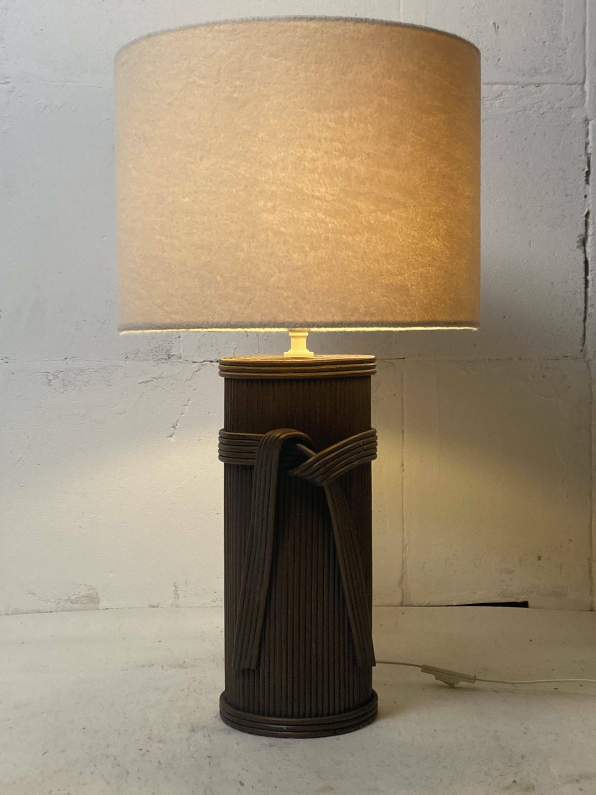 photo for sale Large Pencil Reed Rattan Bamboo Pillar Table Lamp, Bouclé Shade, Italy 1970s