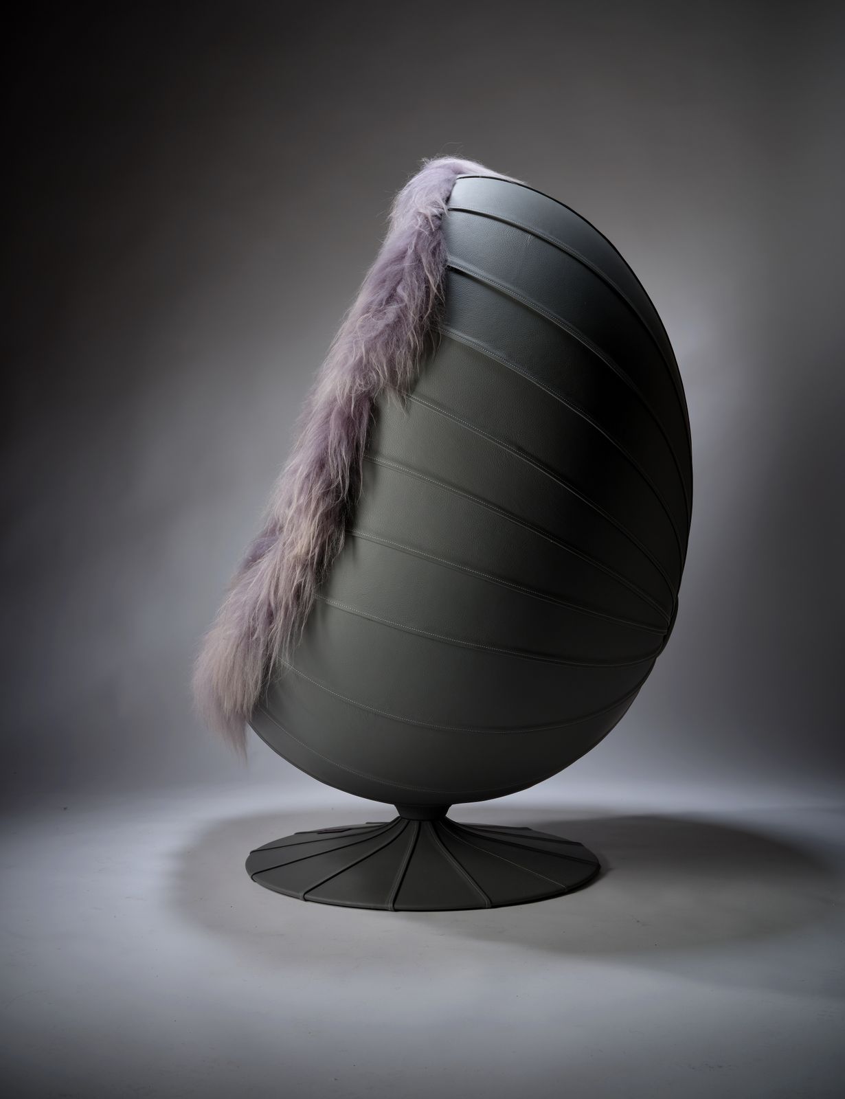 Vintage Music Egg Pod Chair In The Manner Of Arne Jacobsen Covered In Grey Leather & Longhaired Icelandic Sheepskin With Bluetooth Speaker. photo for sale