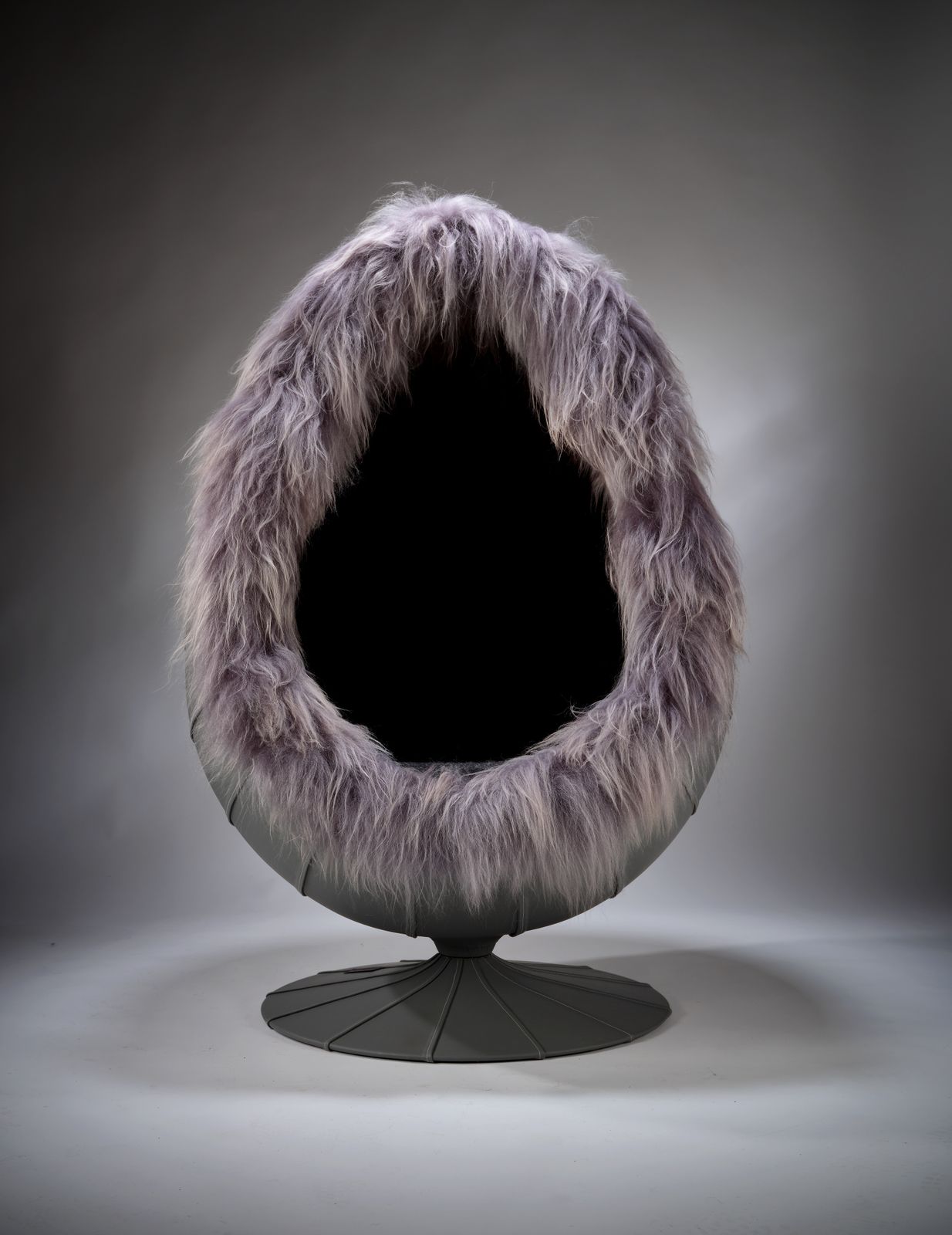 Vintage Music Egg Pod Chair In The Manner Of Arne Jacobsen Covered In Grey Leather & Longhaired Icelandic Sheepskin With Bluetooth Speaker.