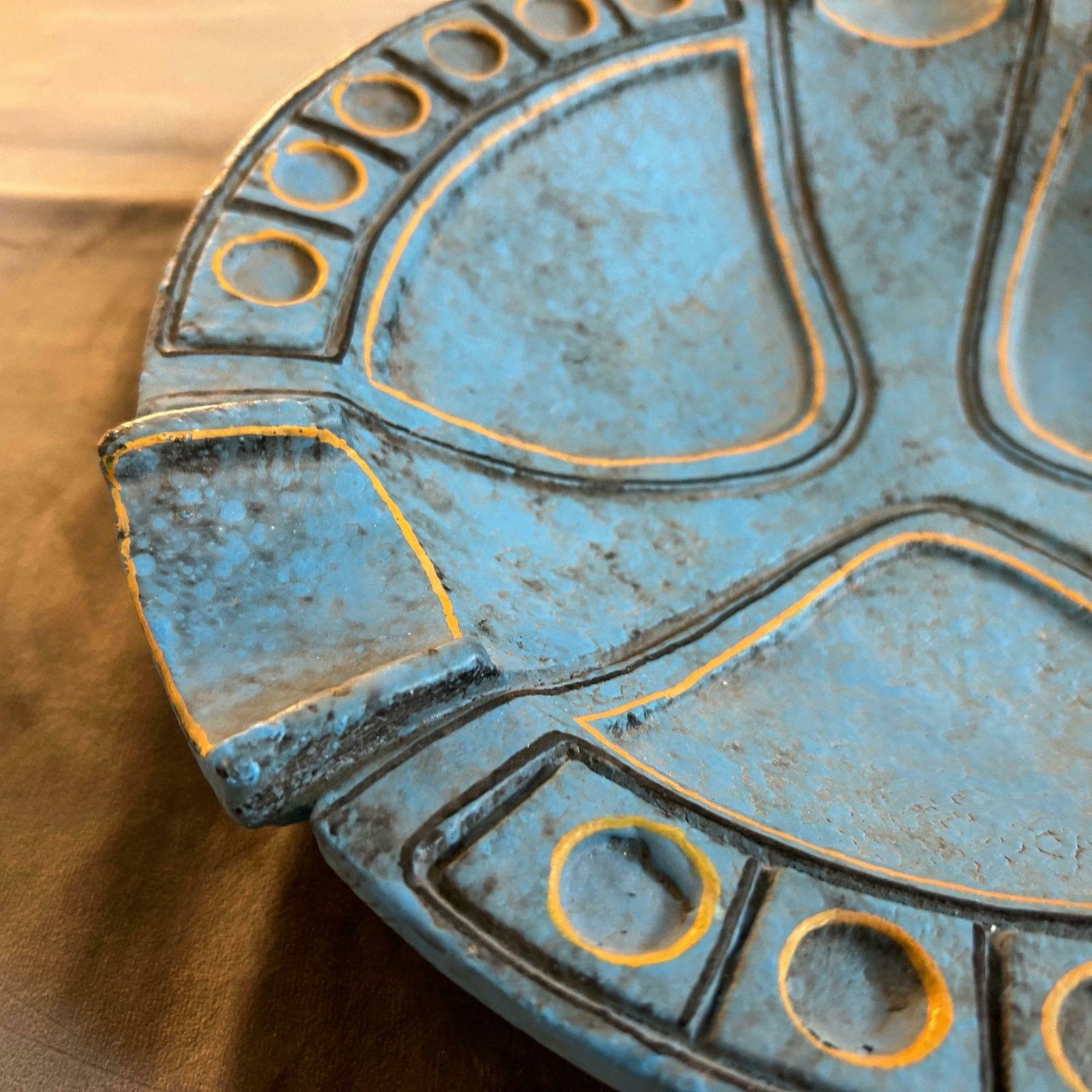 1969 Etruscan Inspired Blue And Yellow Ceramic Italian Ashtray By Casucci photo vintage