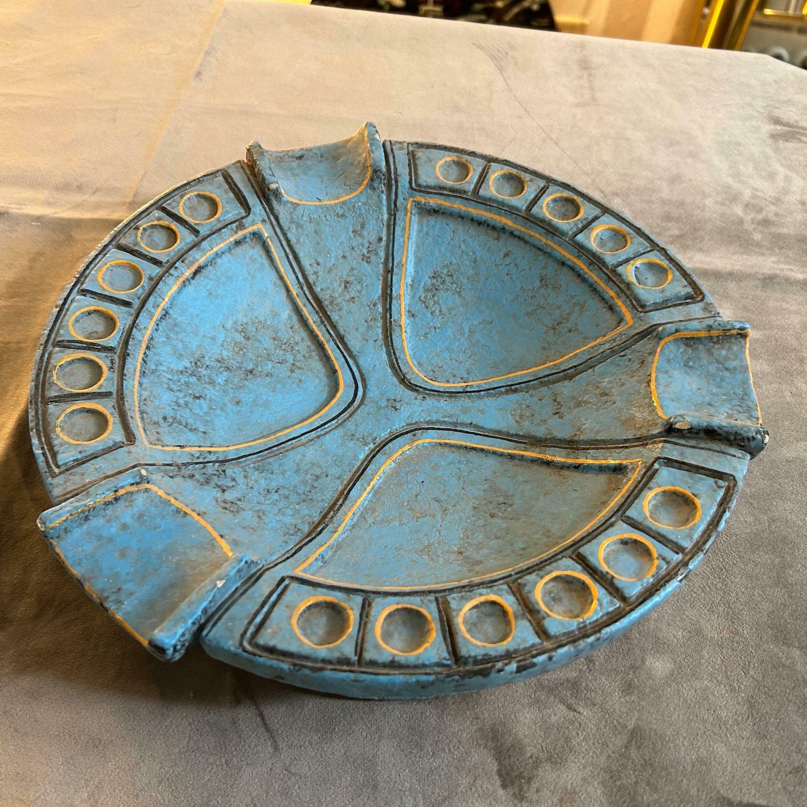 photo for sale 1969 Etruscan Inspired Blue And Yellow Ceramic Italian Ashtray By Casucci