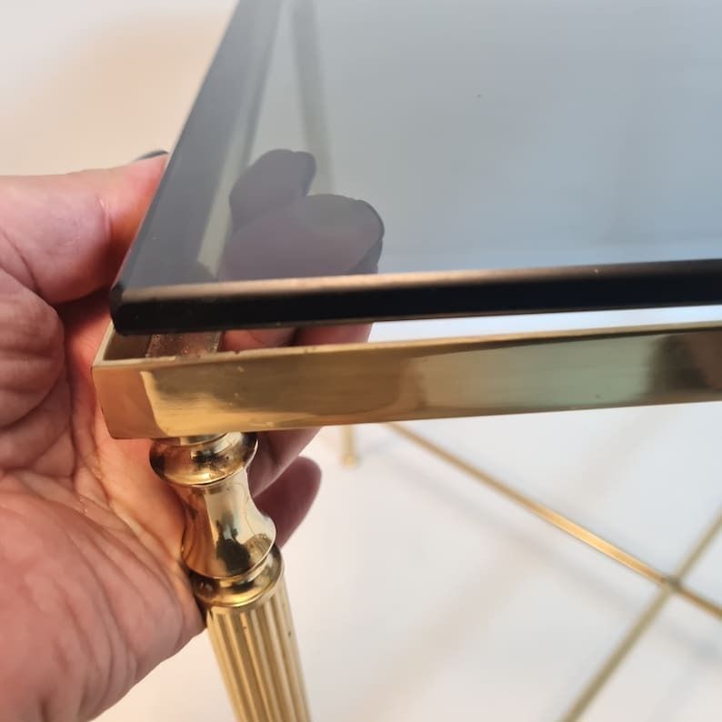 photo for sale Vintage Hollywood Regency Table Gold Brass And Gray Glass Mcm