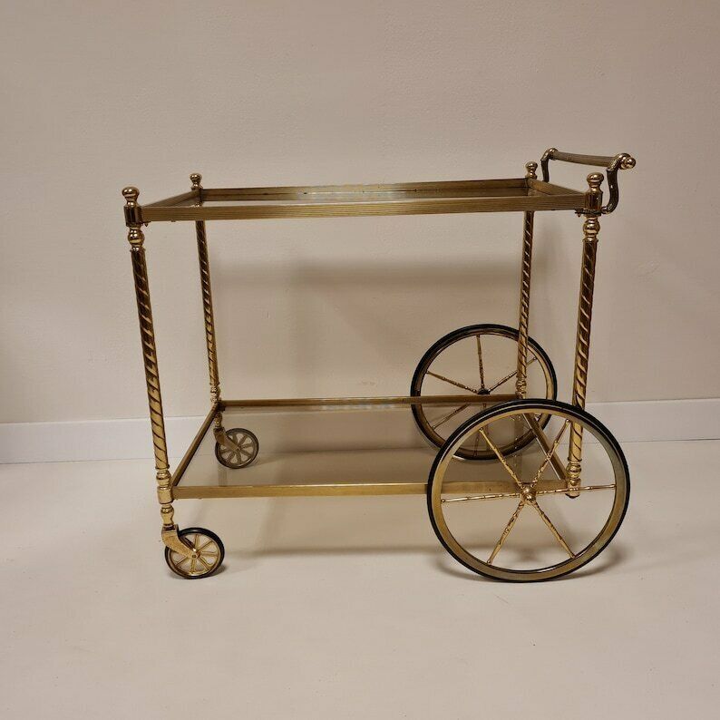 Vintage Hollywood Regency Brass Trolley Bar Cart With Smoked Glass. photo 632.0
