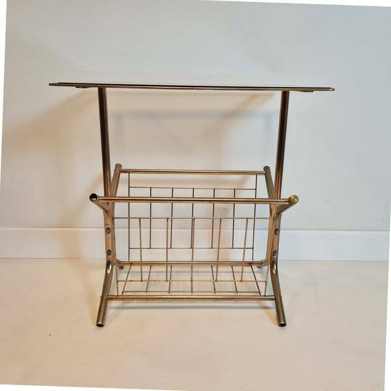 Vintage Mid Century Modern Brass And Glass Table With Basket For Magazines Mcm photo 273.0