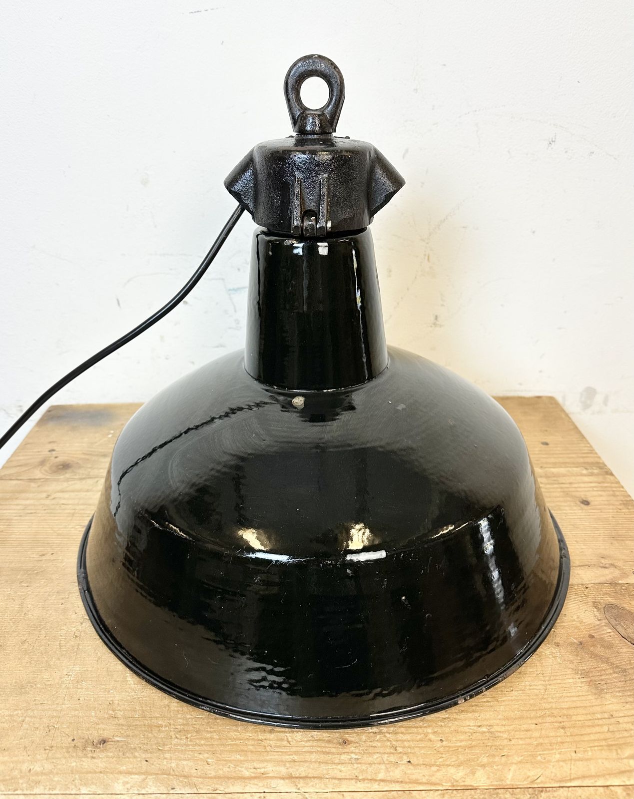 Industrial Black Enamel Factory Lamp With Cast Iron Top, 1950s photo furniture