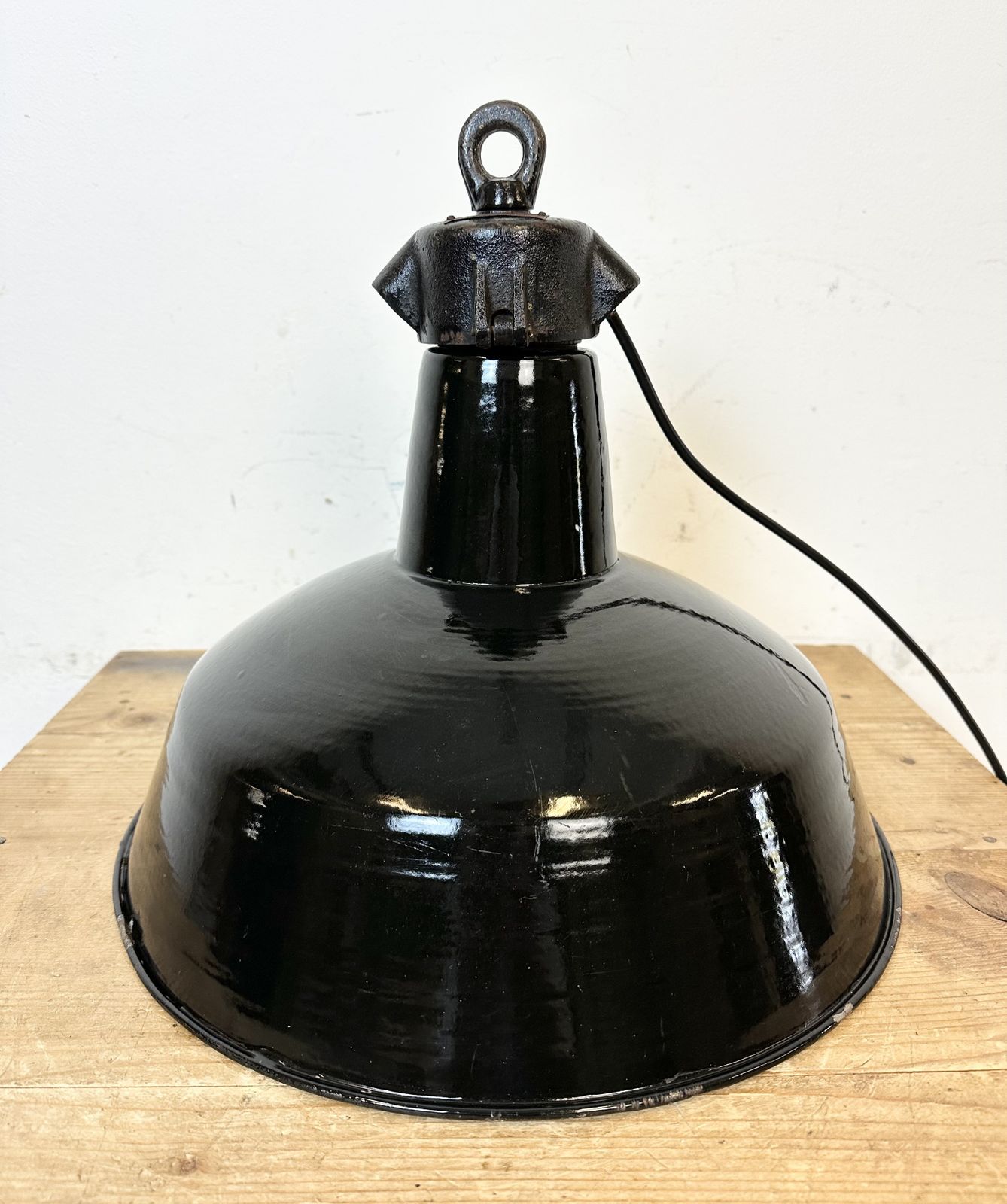photo for sale Industrial Black Enamel Factory Lamp With Cast Iron Top, 1950s