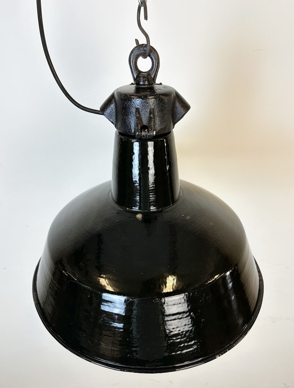 photo buy Industrial Black Enamel Factory Lamp With Cast Iron Top, 1950s