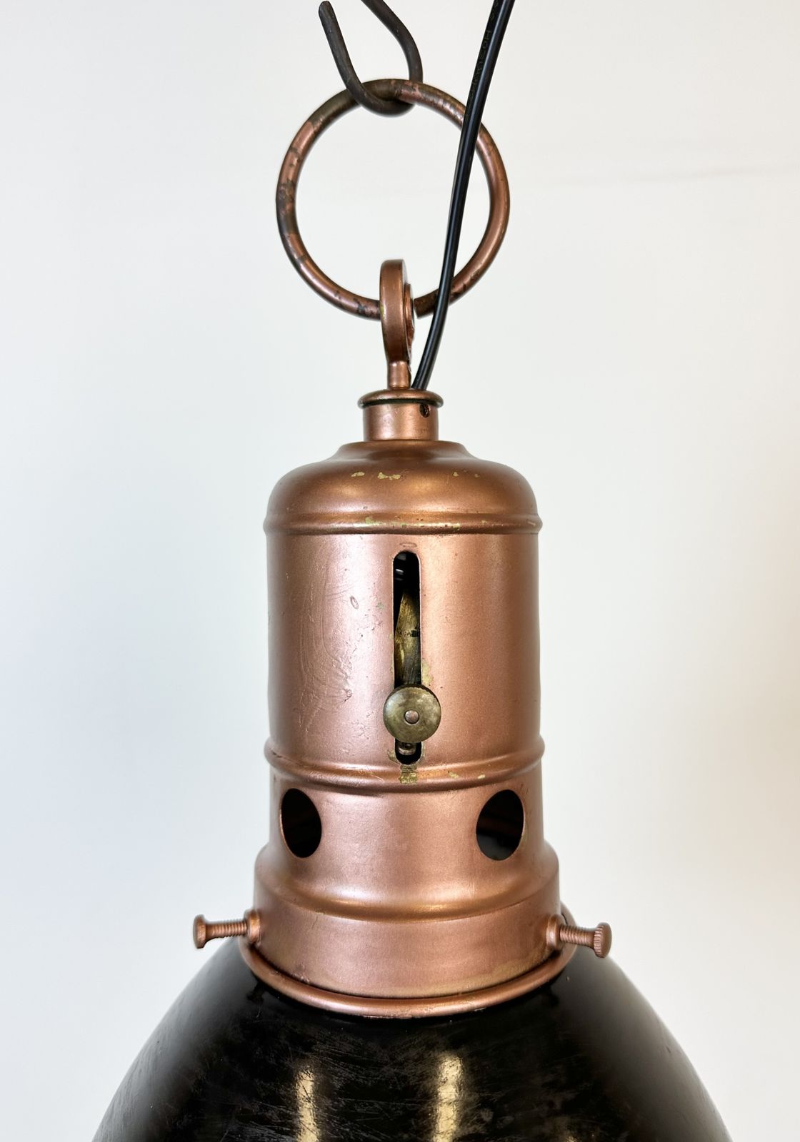 Industrial Italian Black Enamel Factory Lamp With Iron Top, 1950s, 2x photo furniture