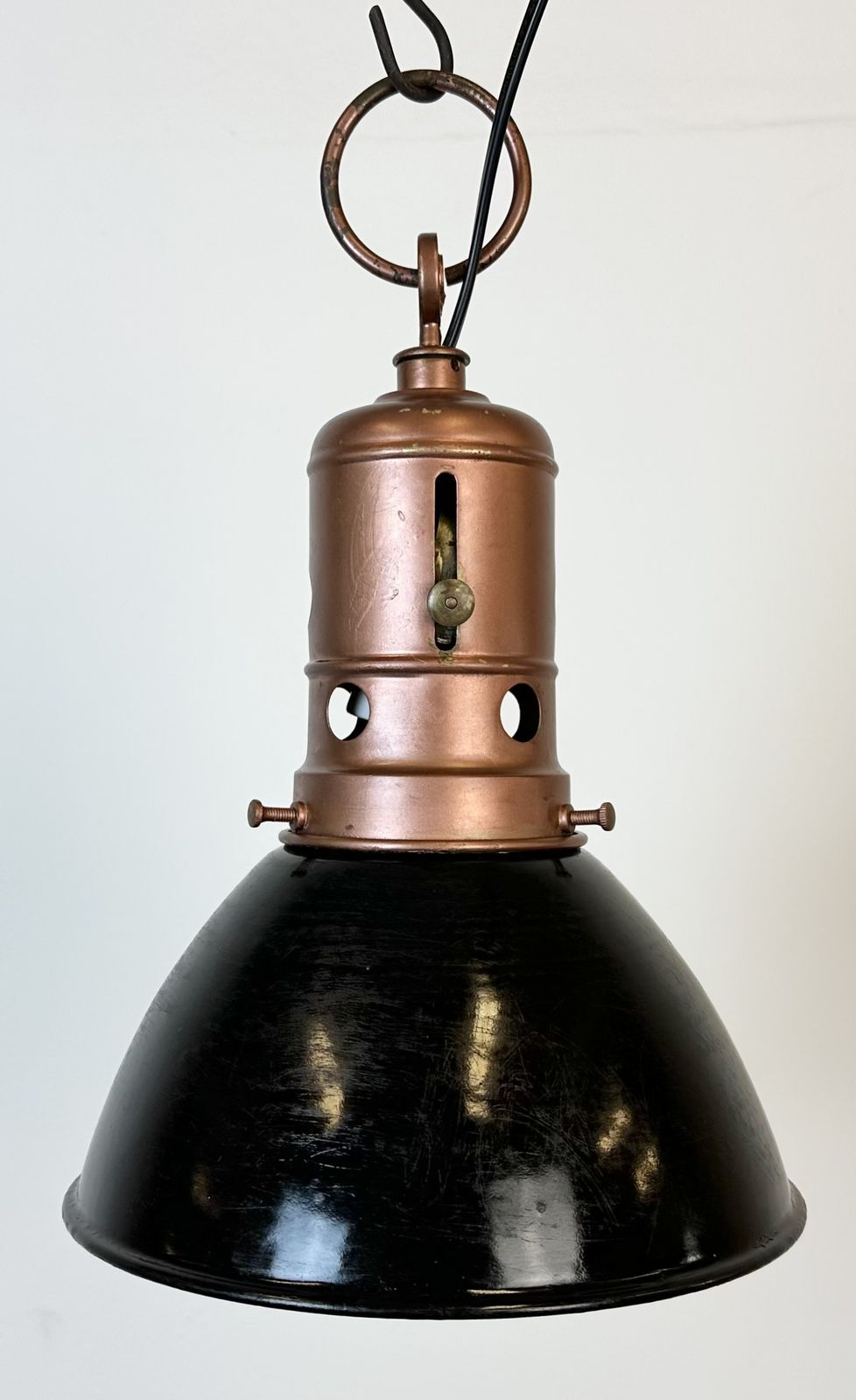 Industrial Italian Black Enamel Factory Lamp With Iron Top, 1950s, 2x photo for sale