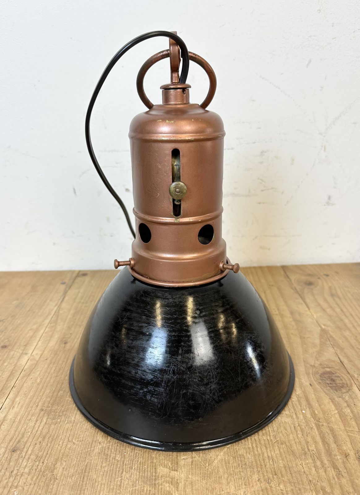 photo furniture Industrial Italian Black Enamel Factory Lamp With Iron Top, 1950s, 2x