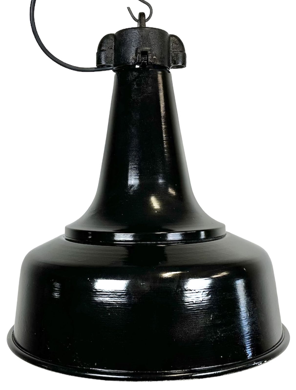 Industrial Black Pendant Factory Lamp With Cast Iron Top, 1970s, 2x