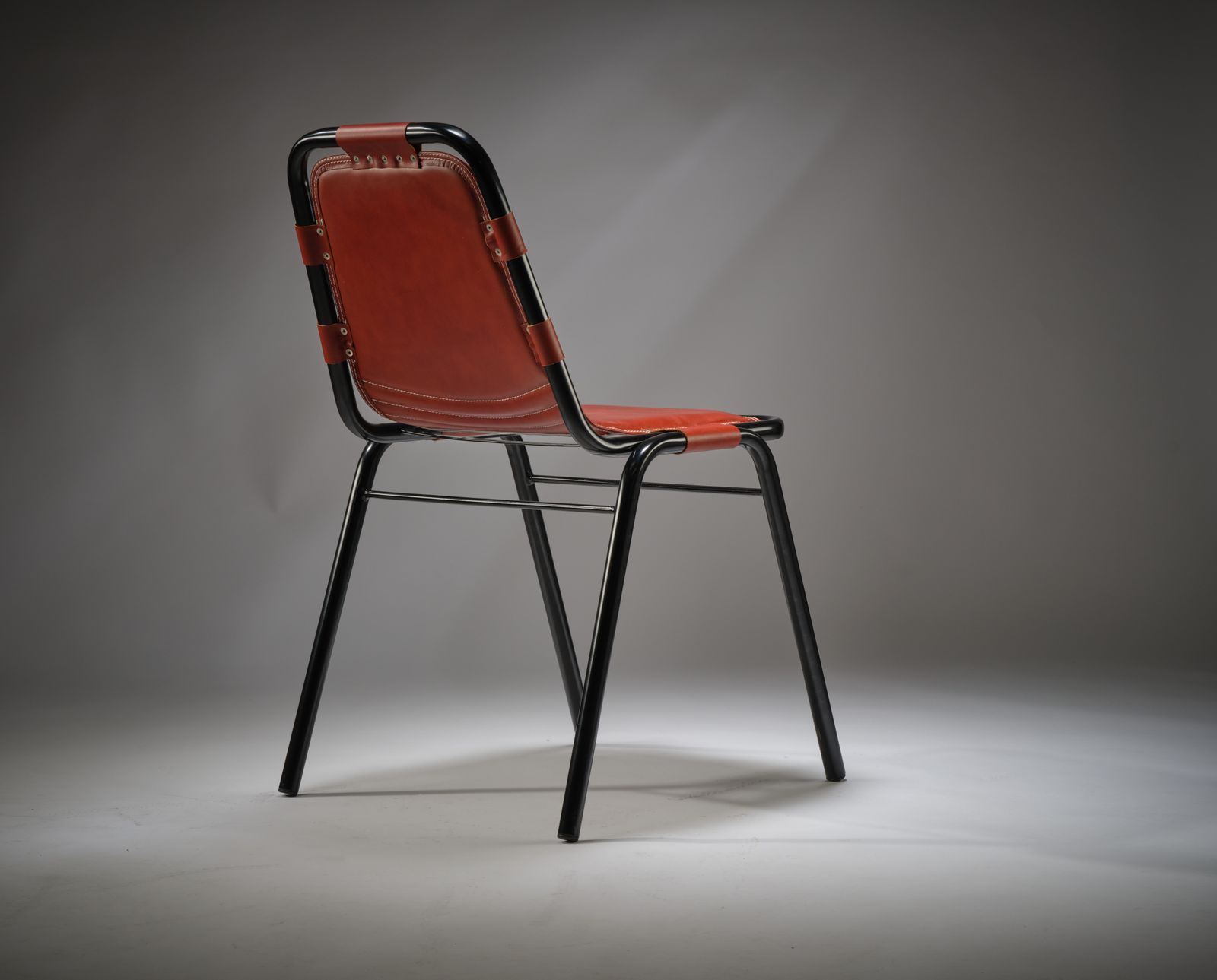 Furniture Rare Fully Restored Black Enamel & Hand Stitched Saddle Leather Dining Chair In The Manner Of The Les Arc Chair By Charlotte Perriand, Circa 1970’s, photo