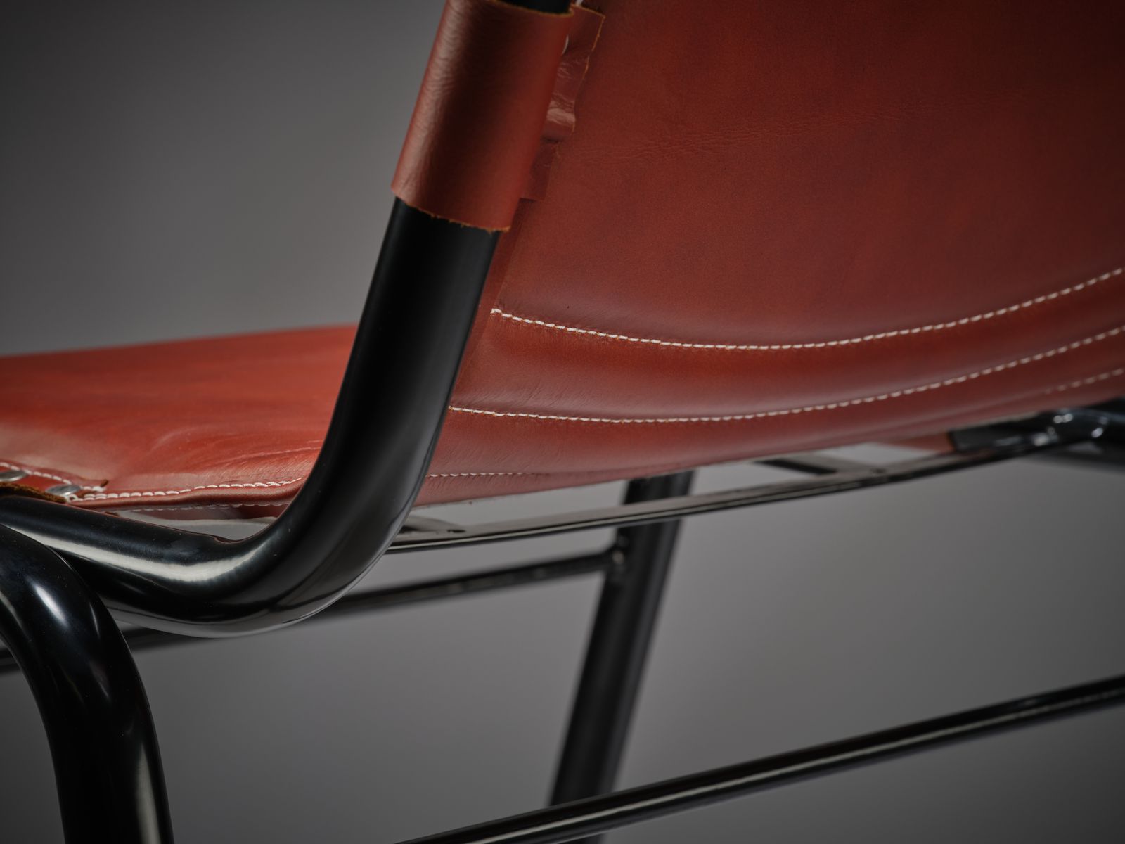 1495.0 Rare Fully Restored Black Enamel & Hand Stitched Saddle Leather Dining Chair In The Manner Of The Les Arc Chair By Charlotte Perriand, Circa 1970’s, photo