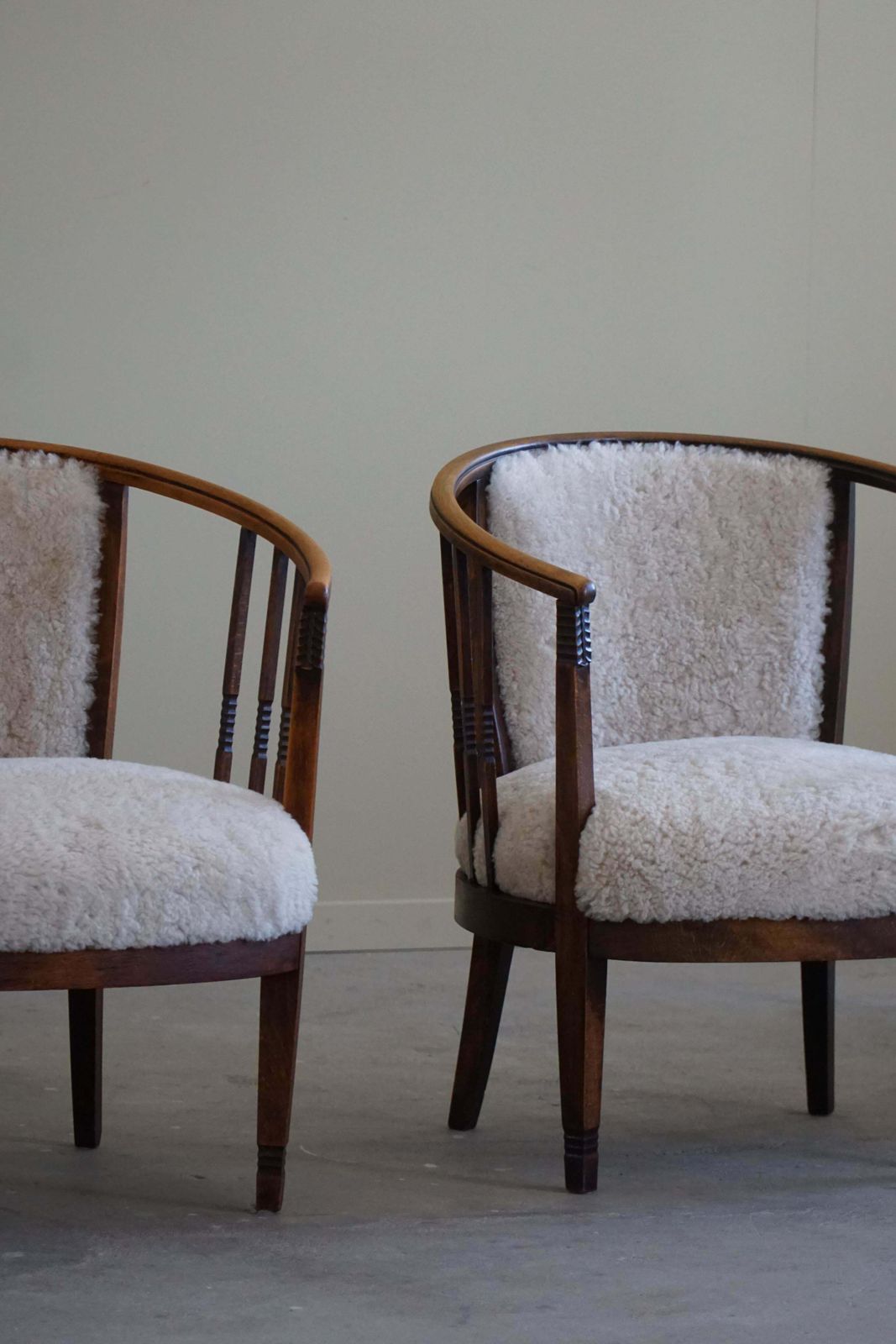 photo for sale Pair Of Danish Armchairs In Beech, Reupholstered Lambswool, Jugendstil, 1900s