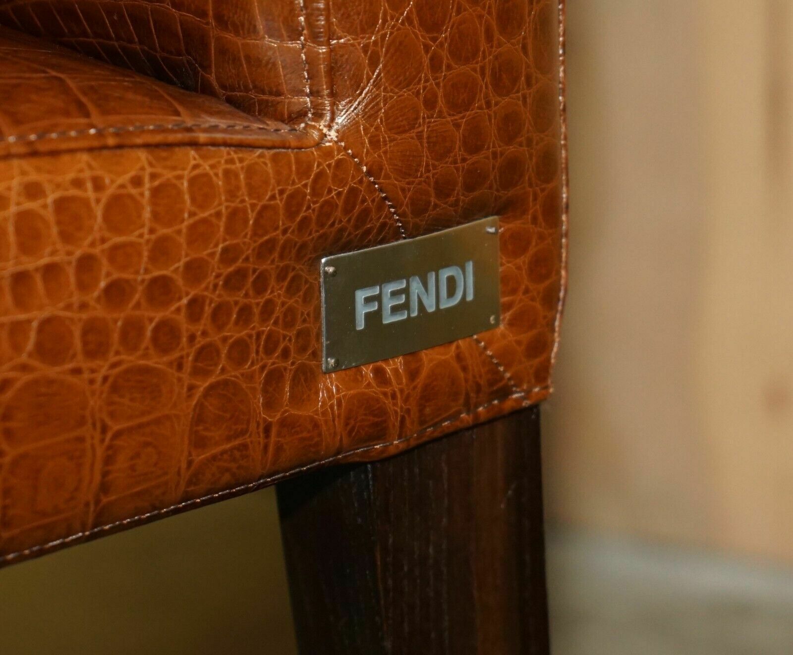 Pair Of Fendi Alligator Crocodile Patina Brown Leather Occasional Chairs photo furniture