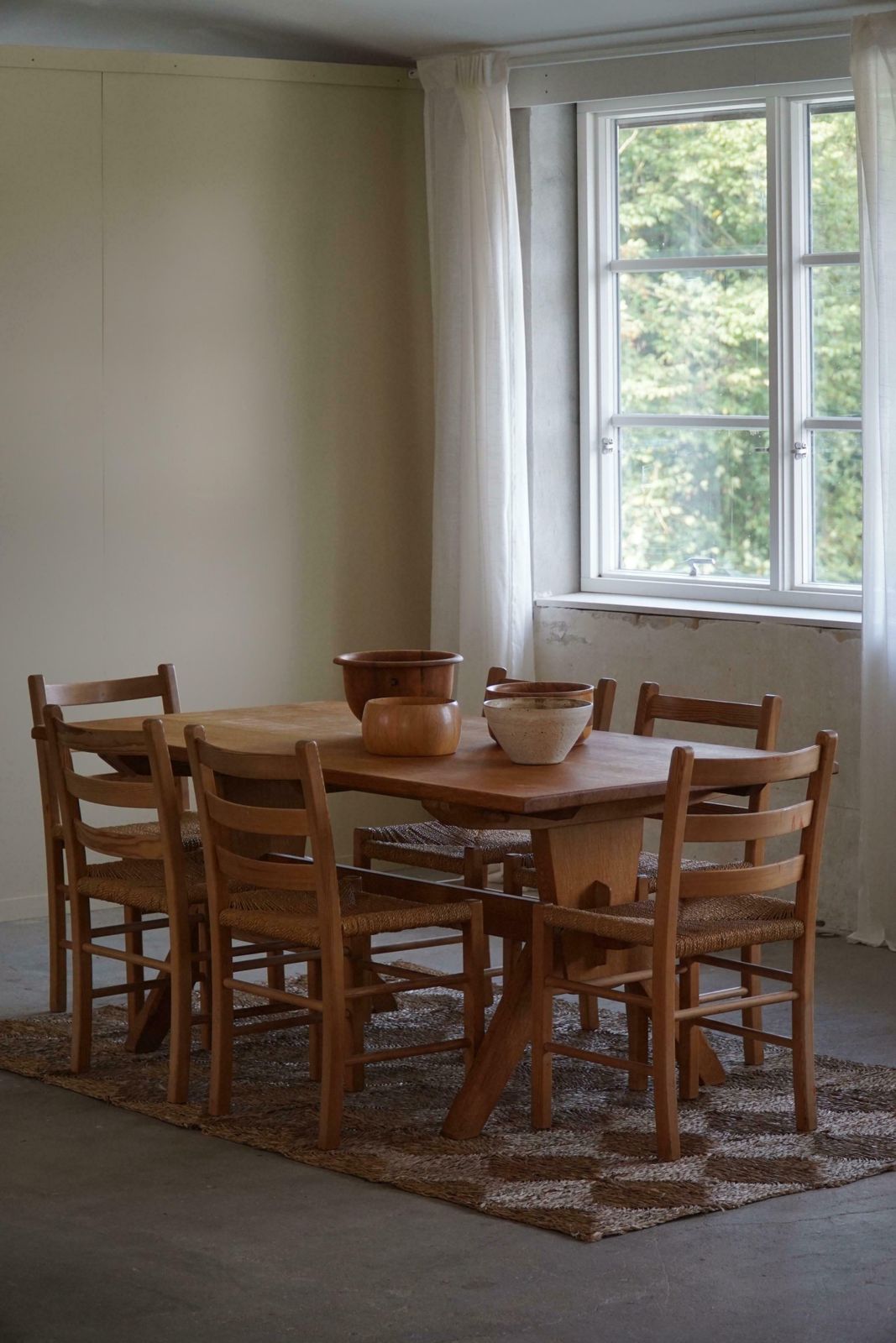 photo for sale Set Of 10 Dining Chairs In Pine & Seagrass Seats, Danish Mid Century, 1960s