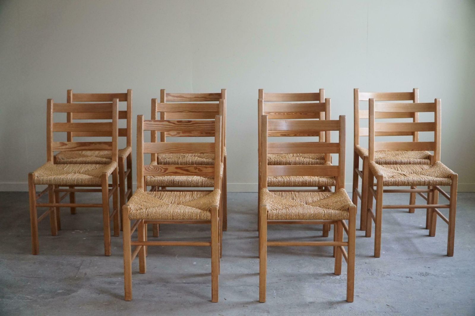 photo buy Set Of 10 Dining Chairs In Pine & Seagrass Seats, Danish Mid Century, 1960s
