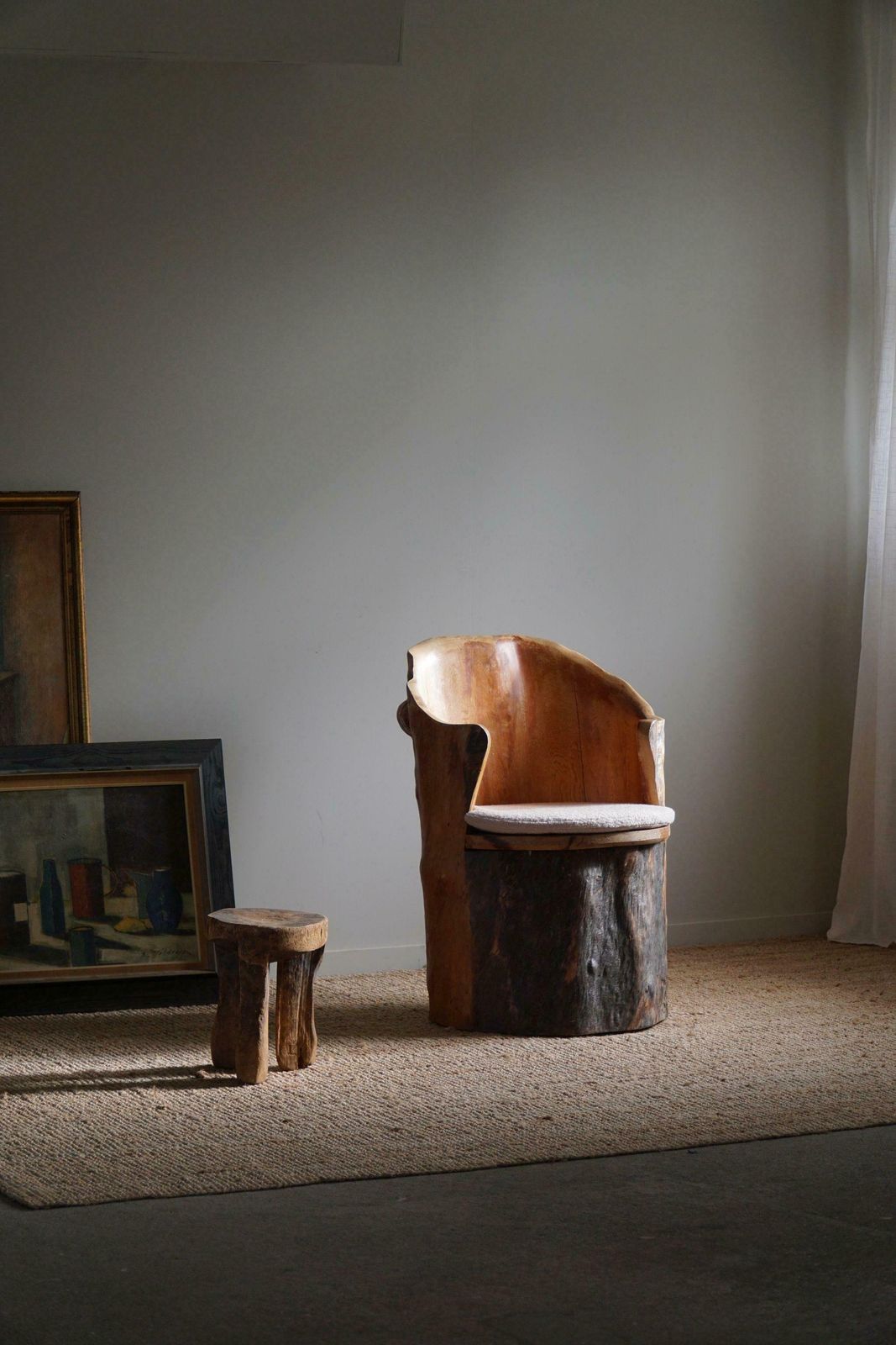 Hand Carved Brutalist Stump Chair In Solid Pine, Wabi Sabi Style, Swedish, 1970s photo Furniture