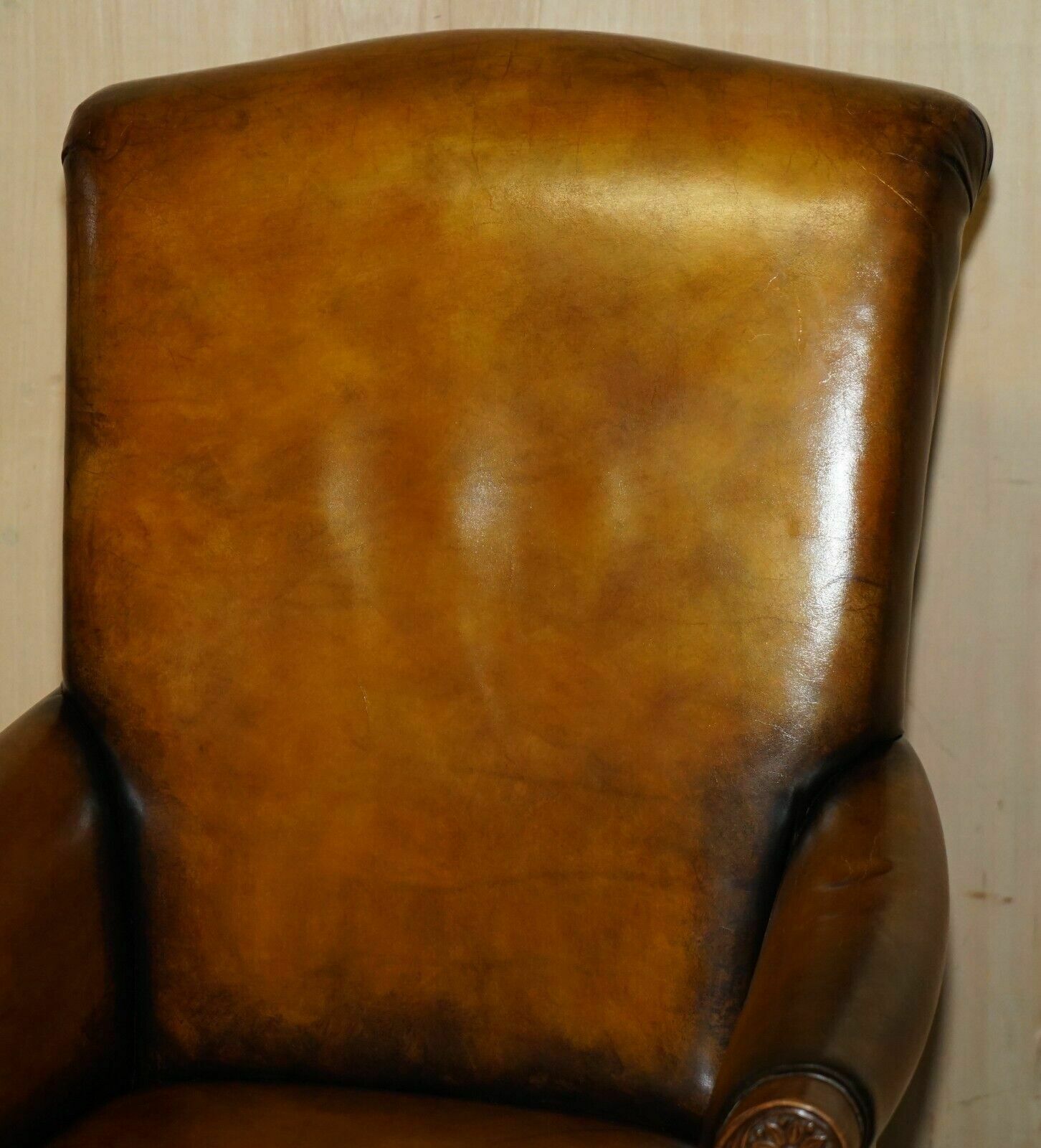Pair Of Antique Heavily Carved Hand Dyed Brown Leather Restored Throne Armchairs photo Furniture