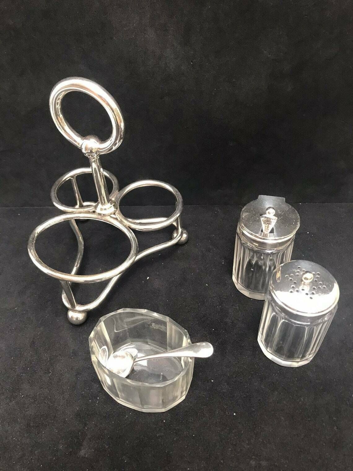Condiment Set Salt Pepper Cellars Mustard Cruet Set Glasses With Tray Gladwin Ltd Silver Plated Wedding Gift photo vinterior