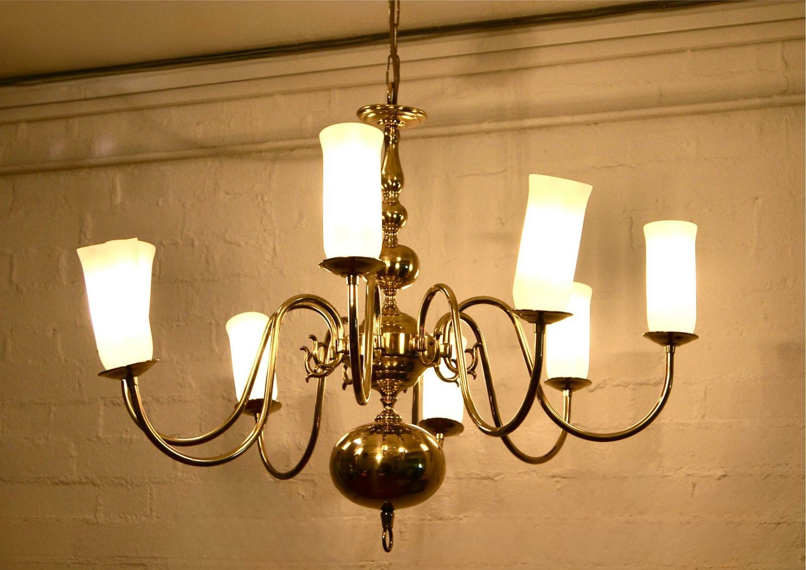 1970s Dutch 8 Arm Brass Chandelier With Glass Shades photo for sale
