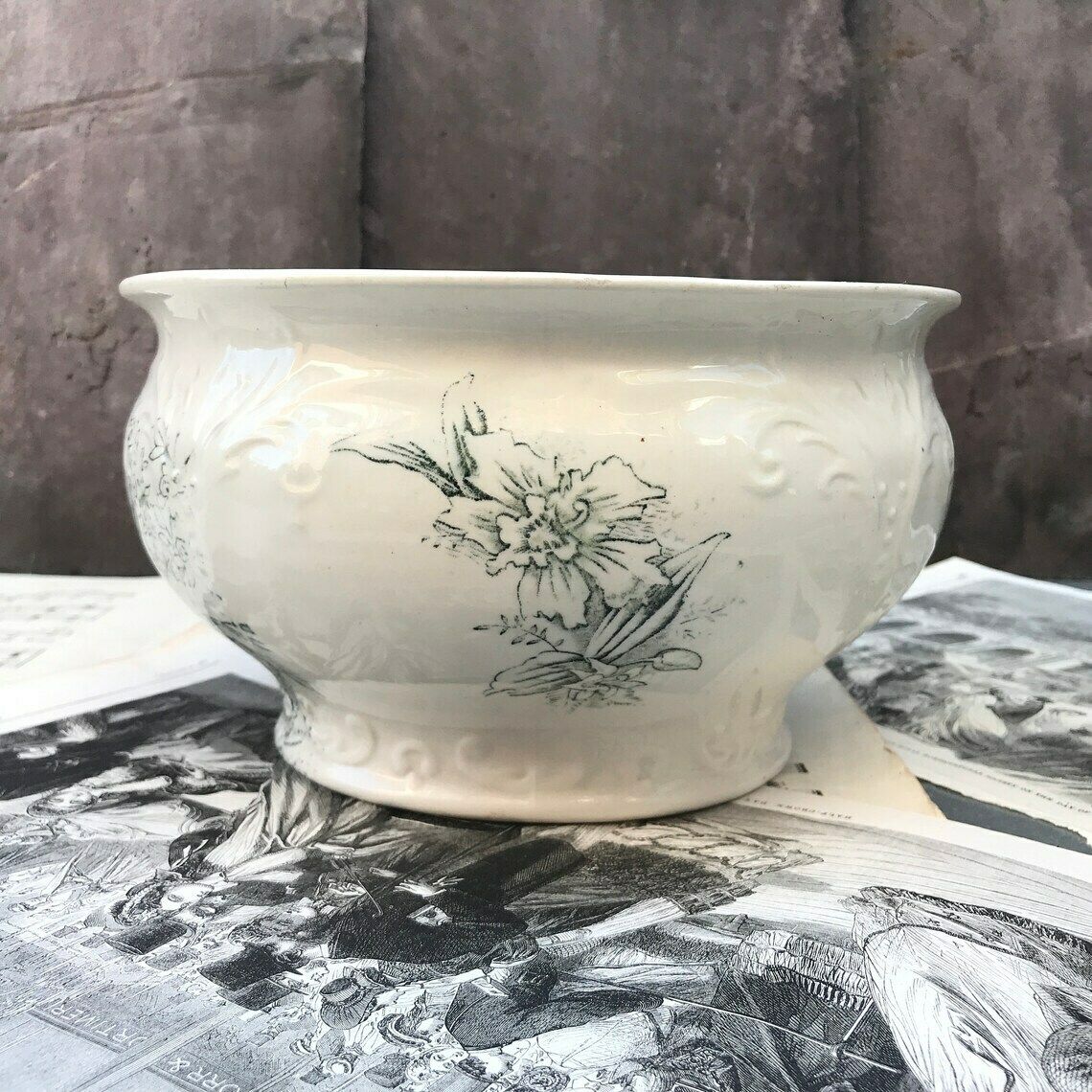 Antique Transfer Ware Chamber Pot. Decorative Orchids. Floral Design Flower Pot Vase. Shabby Chic. Bathroom Decor. 1800's. Home Decor photo 54.0