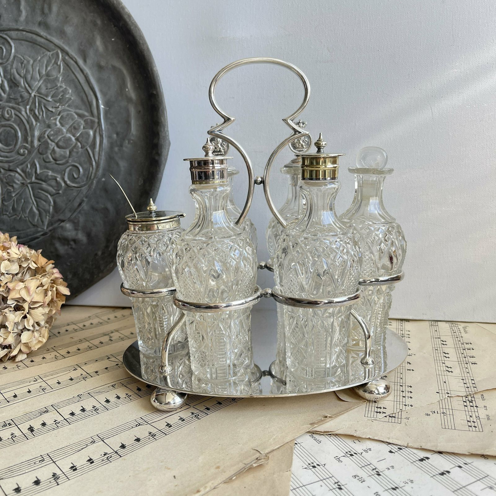 Victorian Silver Plated Cruet Set. 6 Bottle Set. Oil Vinegar Salt Pepper Mustard. Cut Glass Bottles. Downton Abbey