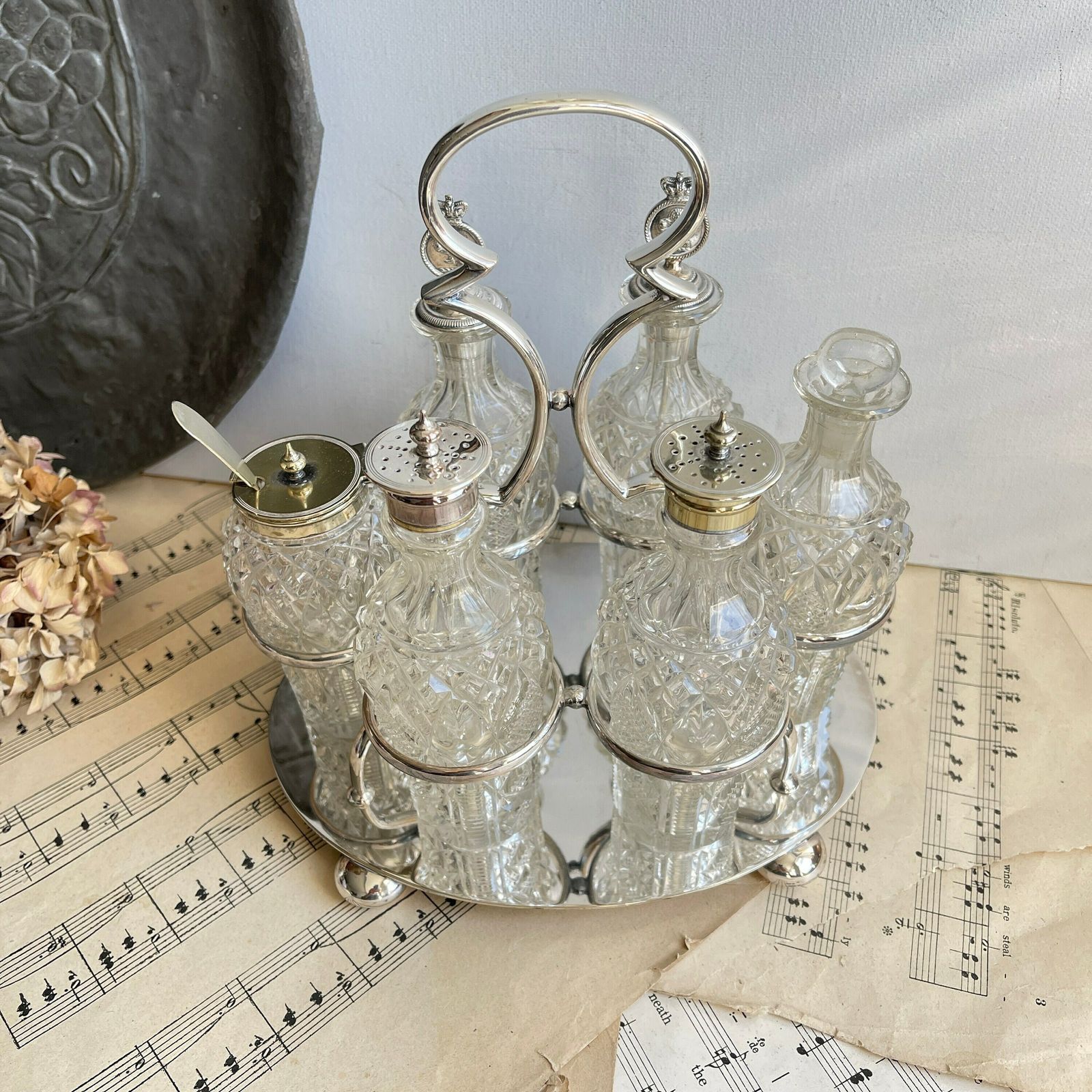 Victorian Silver Plated Cruet Set. 6 Bottle Set. Oil Vinegar Salt Pepper Mustard. Cut Glass Bottles. Downton Abbey photo furniture