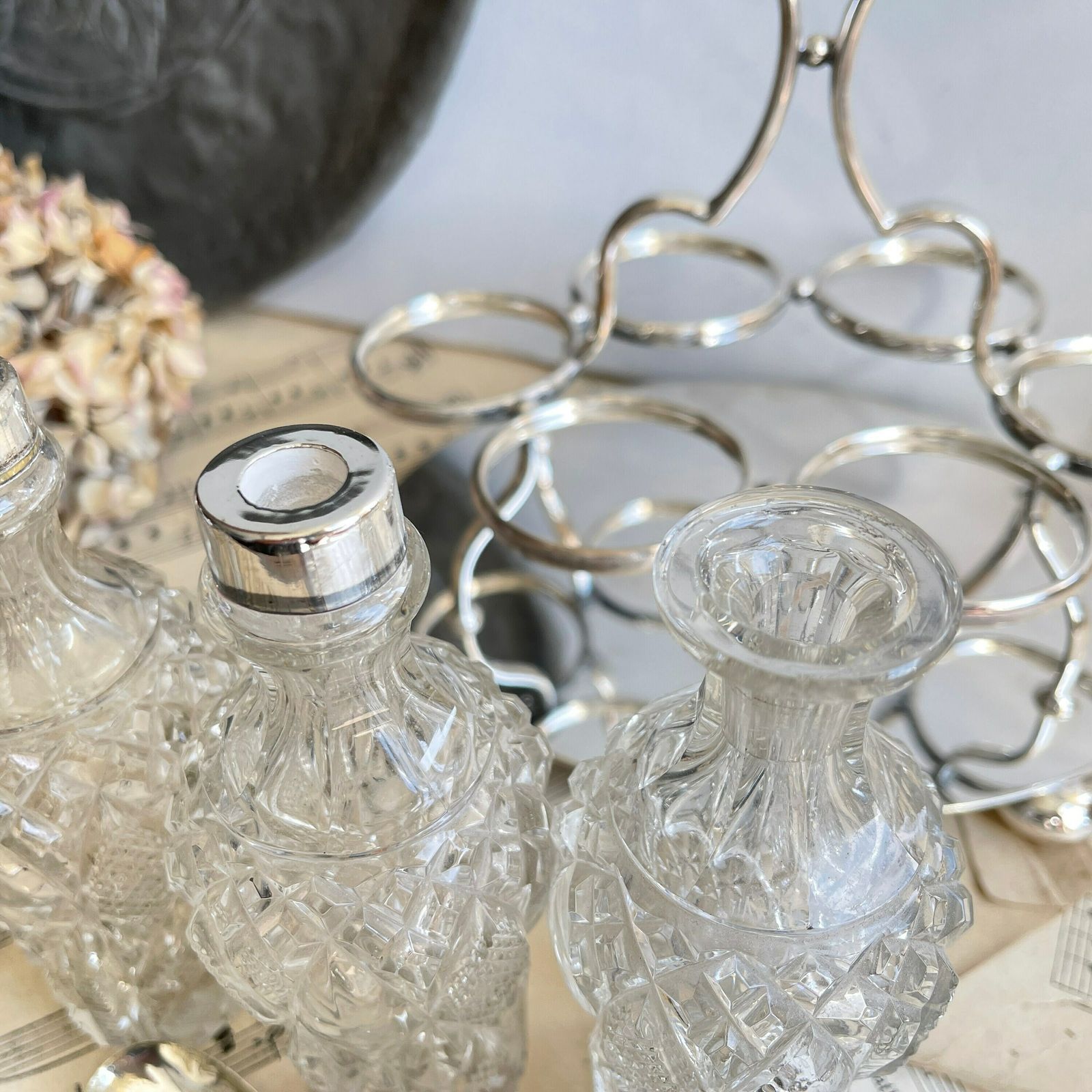 Victorian Silver Plated Cruet Set. 6 Bottle Set. Oil Vinegar Salt Pepper Mustard. Cut Glass Bottles. Downton Abbey photo buy